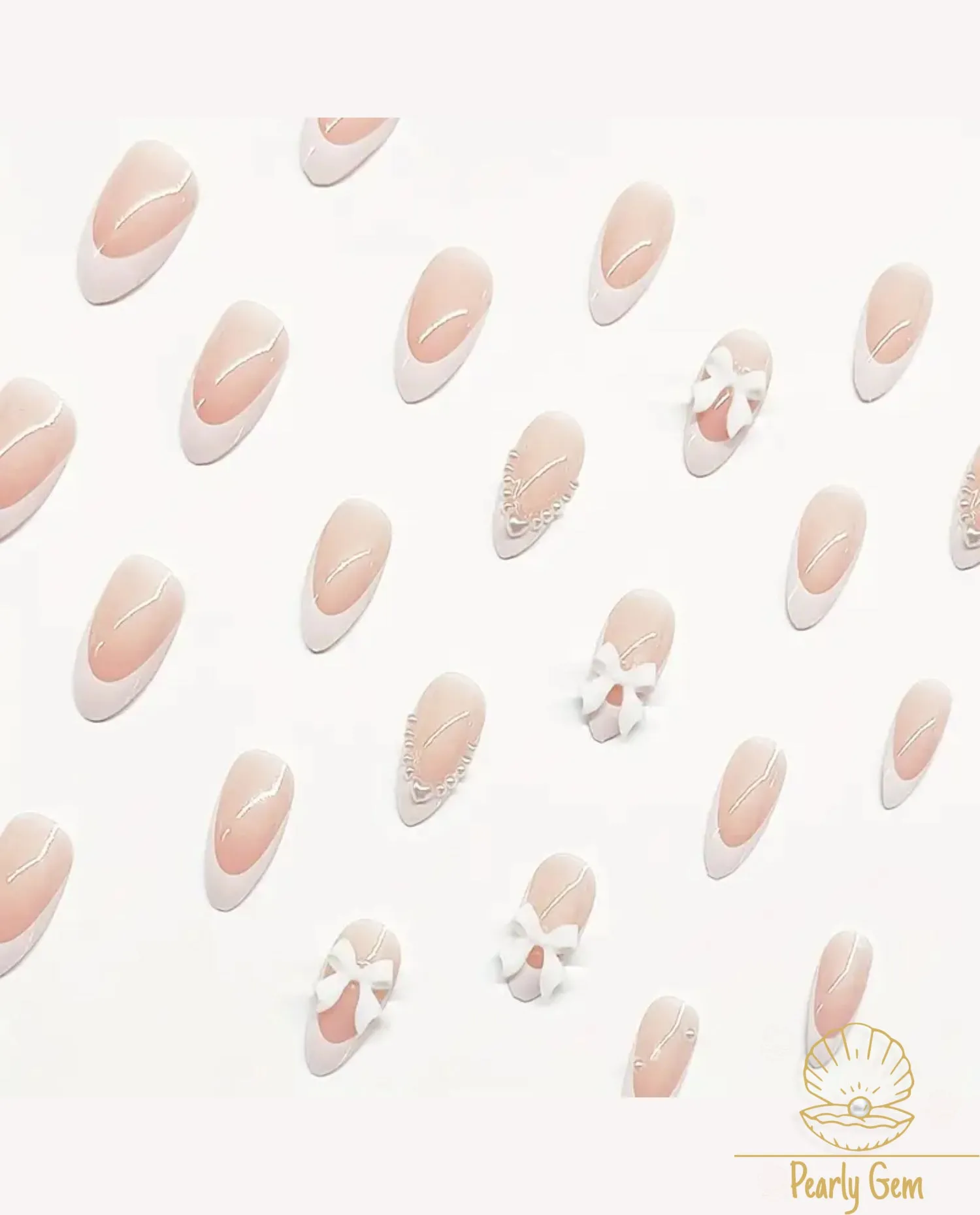 24PCS Y2K French Press-On Nails – 3D Pearl & Love Bow Designs | Medium Almond Shape False Nails Kit, Hypoallergenic & Reusable for Bridal, Party & 2025 Trends