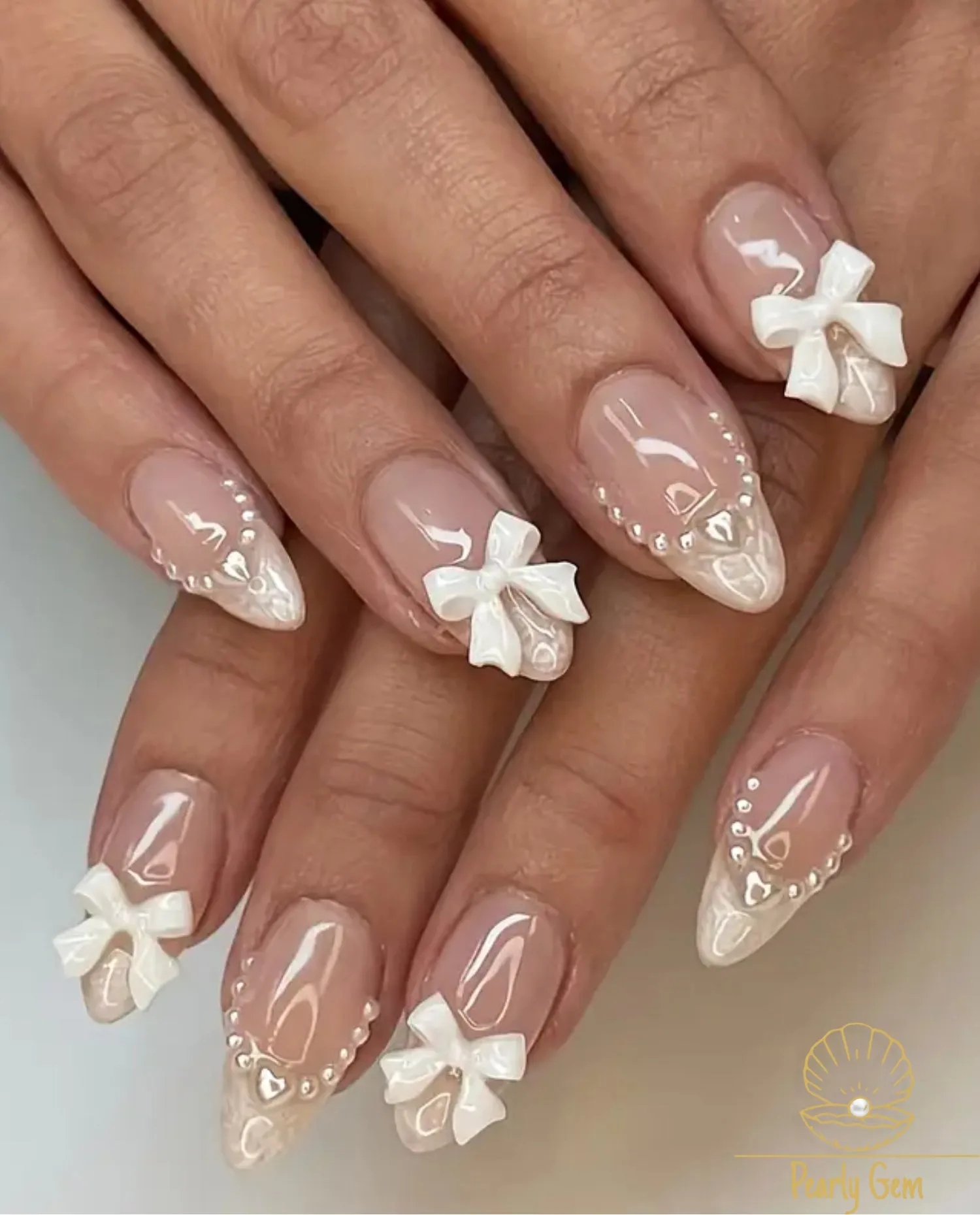24PCS Y2K French Press-On Nails – 3D Pearl & Love Bow Designs | Medium Almond Shape False Nails Kit, Hypoallergenic & Reusable for Bridal, Party & 2025 Trends