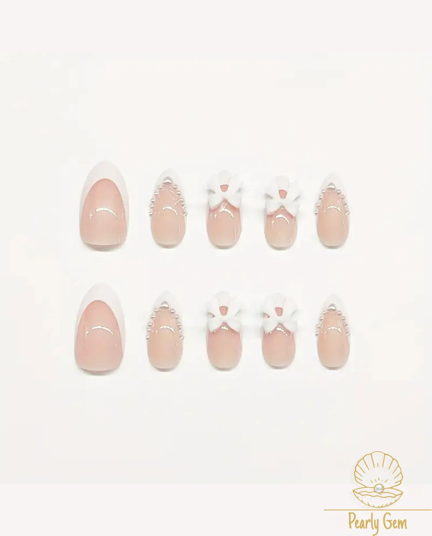 24PCS Y2K French Press-On Nails – 3D Pearl & Love Bow Designs | Medium Almond Shape False Nails Kit, Hypoallergenic & Reusable for Bridal, Party & 2025 Trends