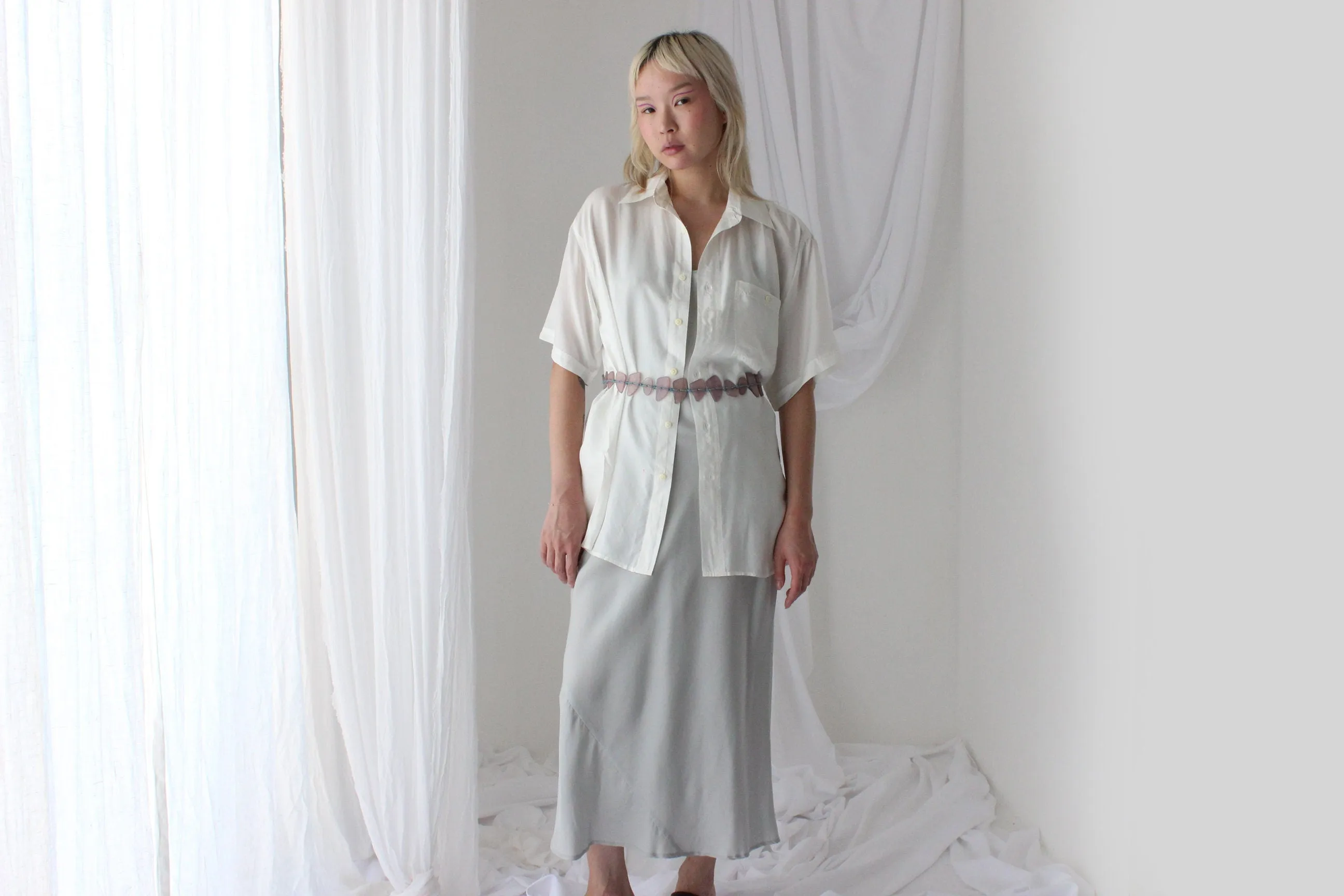 90s Pure Silk Bias Cut Slip Dress in Ice
