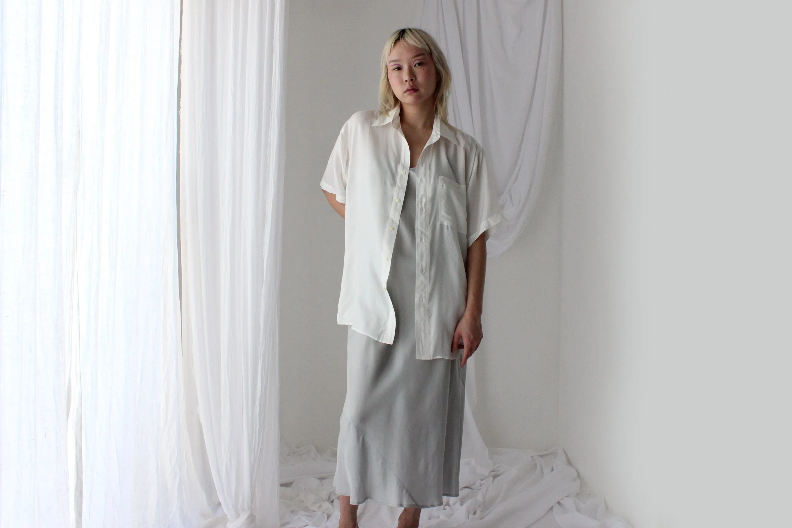 90s Pure Silk Bias Cut Slip Dress in Ice