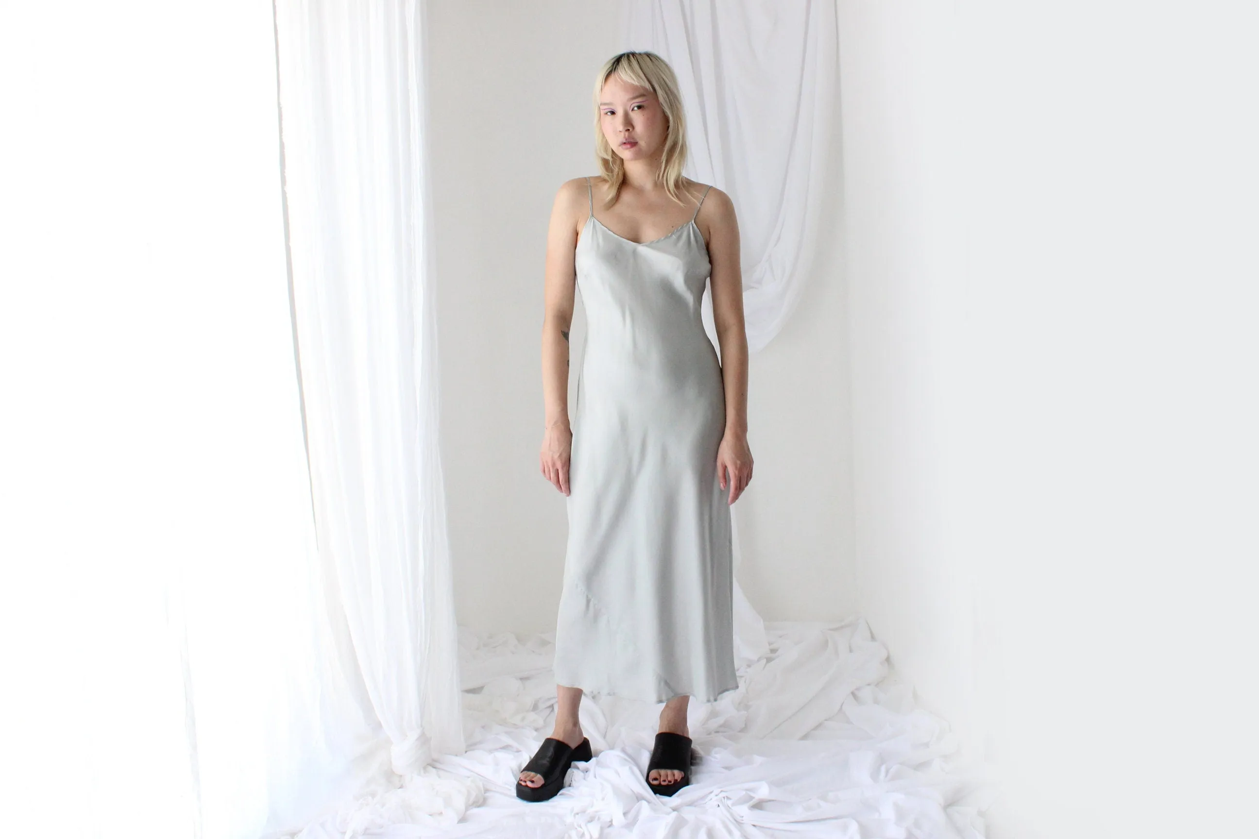 90s Pure Silk Bias Cut Slip Dress in Ice