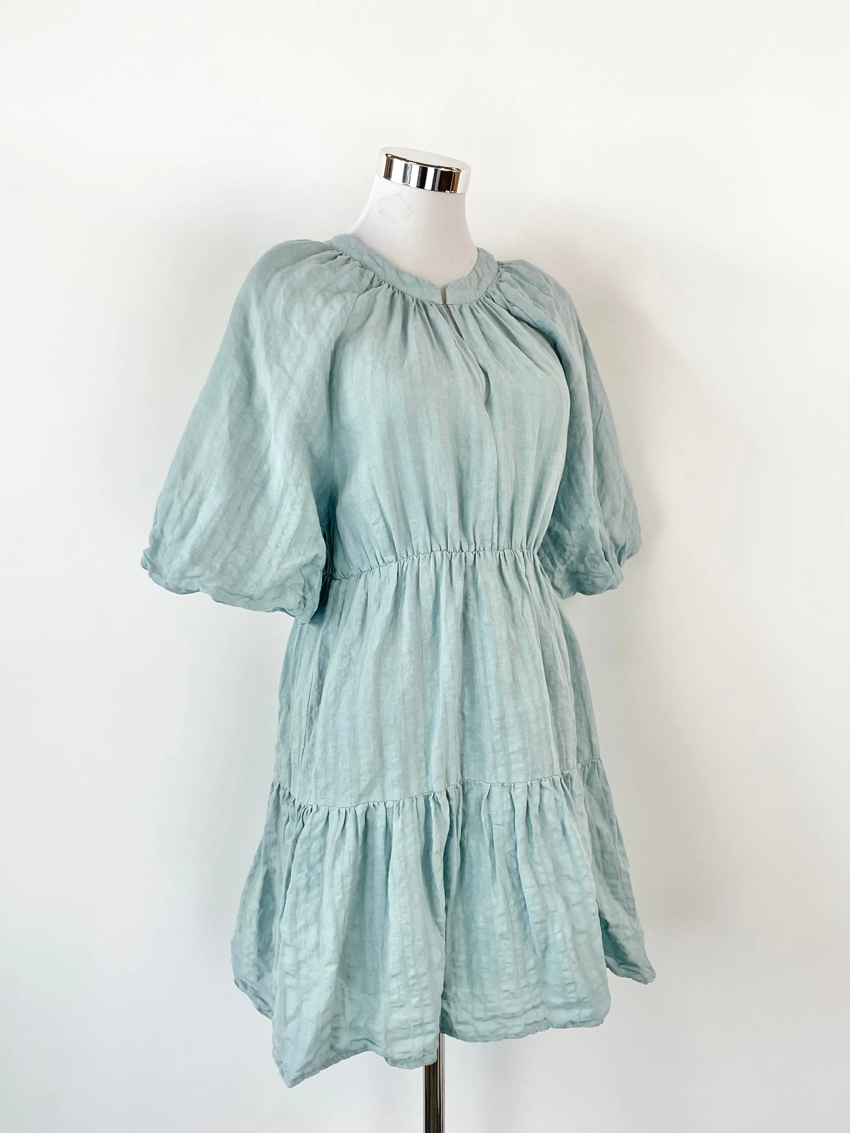 Amelius Arctic Blue Linen & Cotton Puff Sleeve Dress - AU10