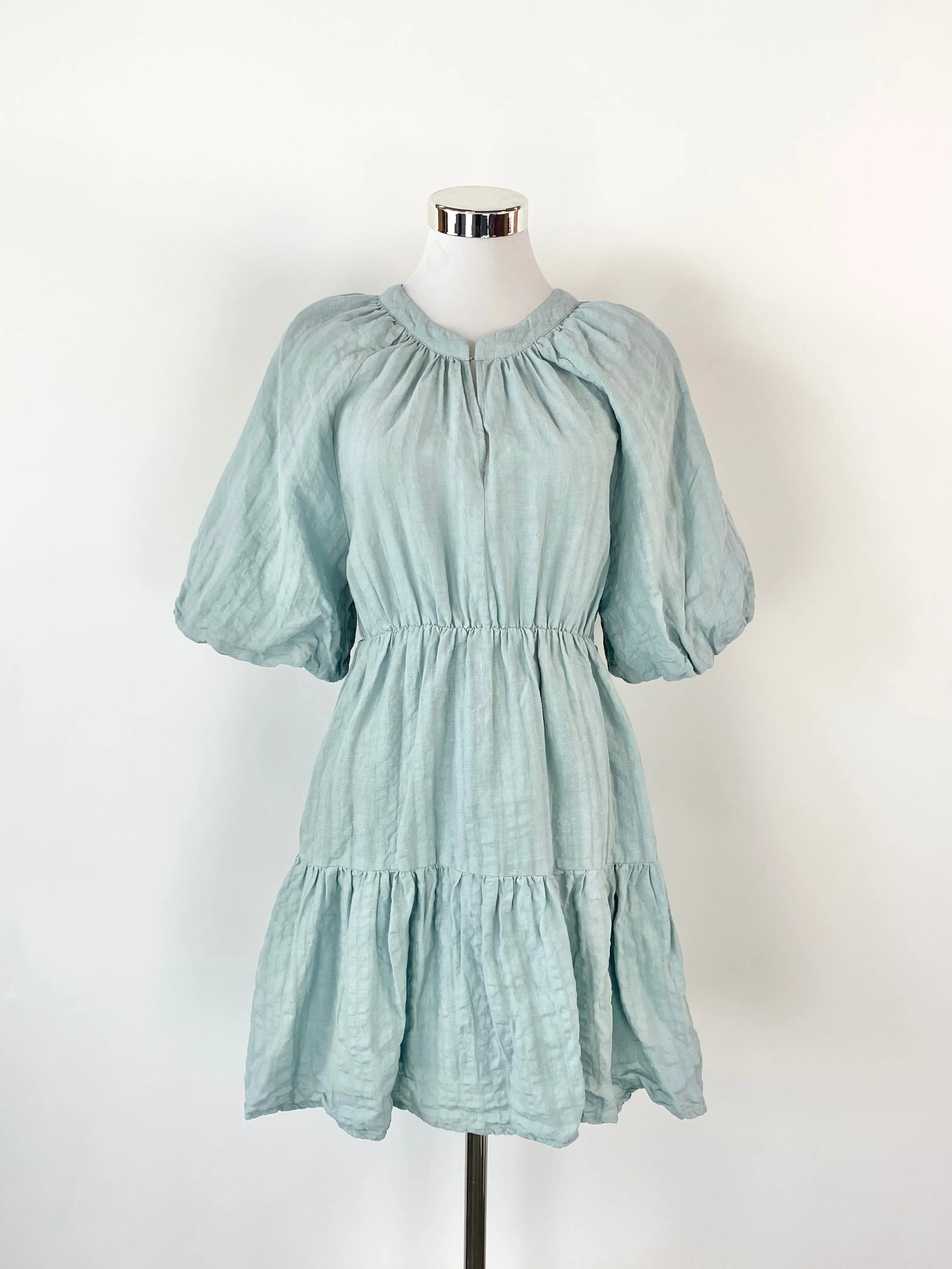 Amelius Arctic Blue Linen & Cotton Puff Sleeve Dress - AU10