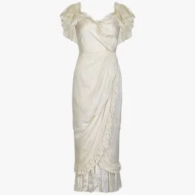 Andrea Wilkin 1970s Silk Ivory Fantasy Bridal Dress in Edwardian Style