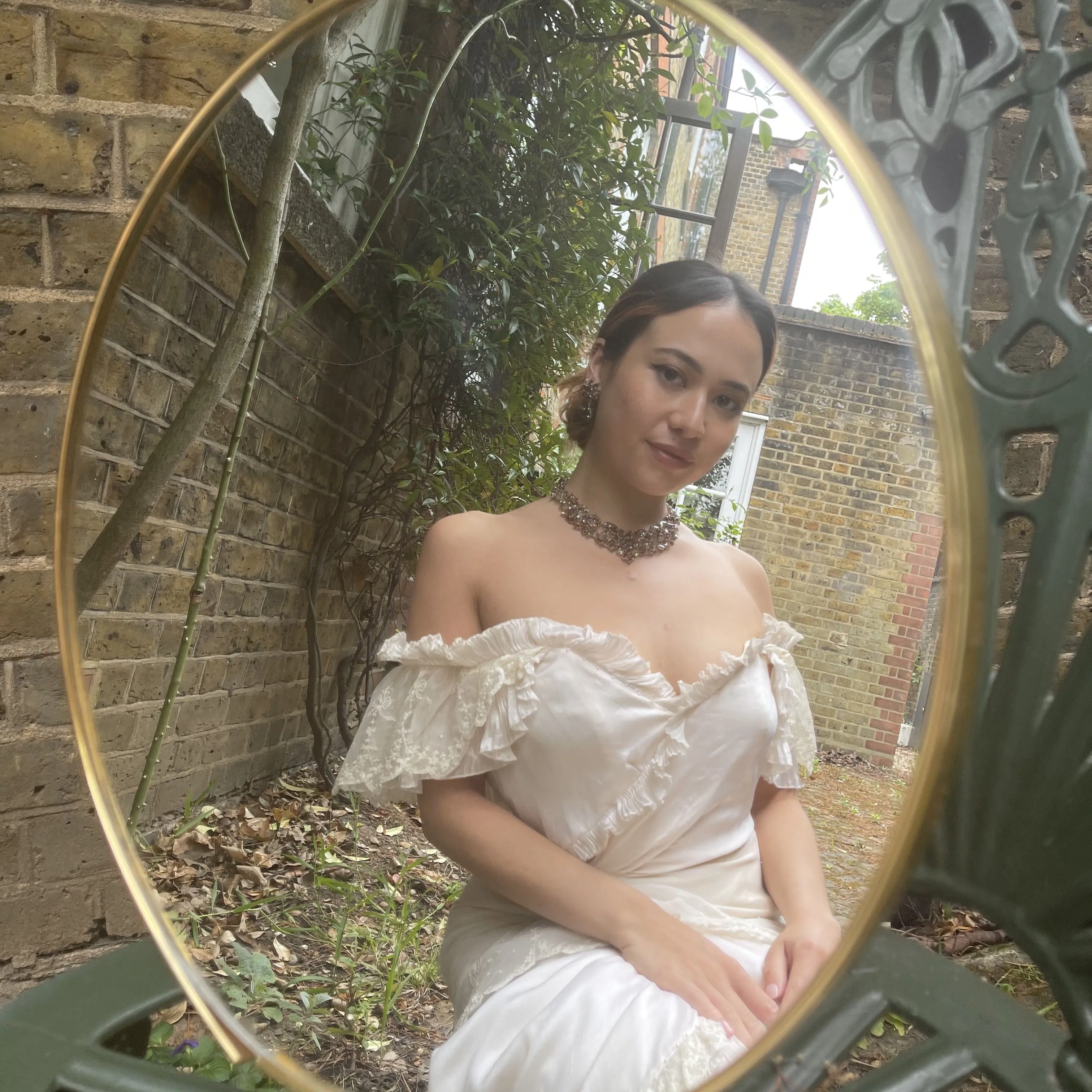 Andrea Wilkin 1970s Silk Ivory Fantasy Bridal Dress in Edwardian Style
