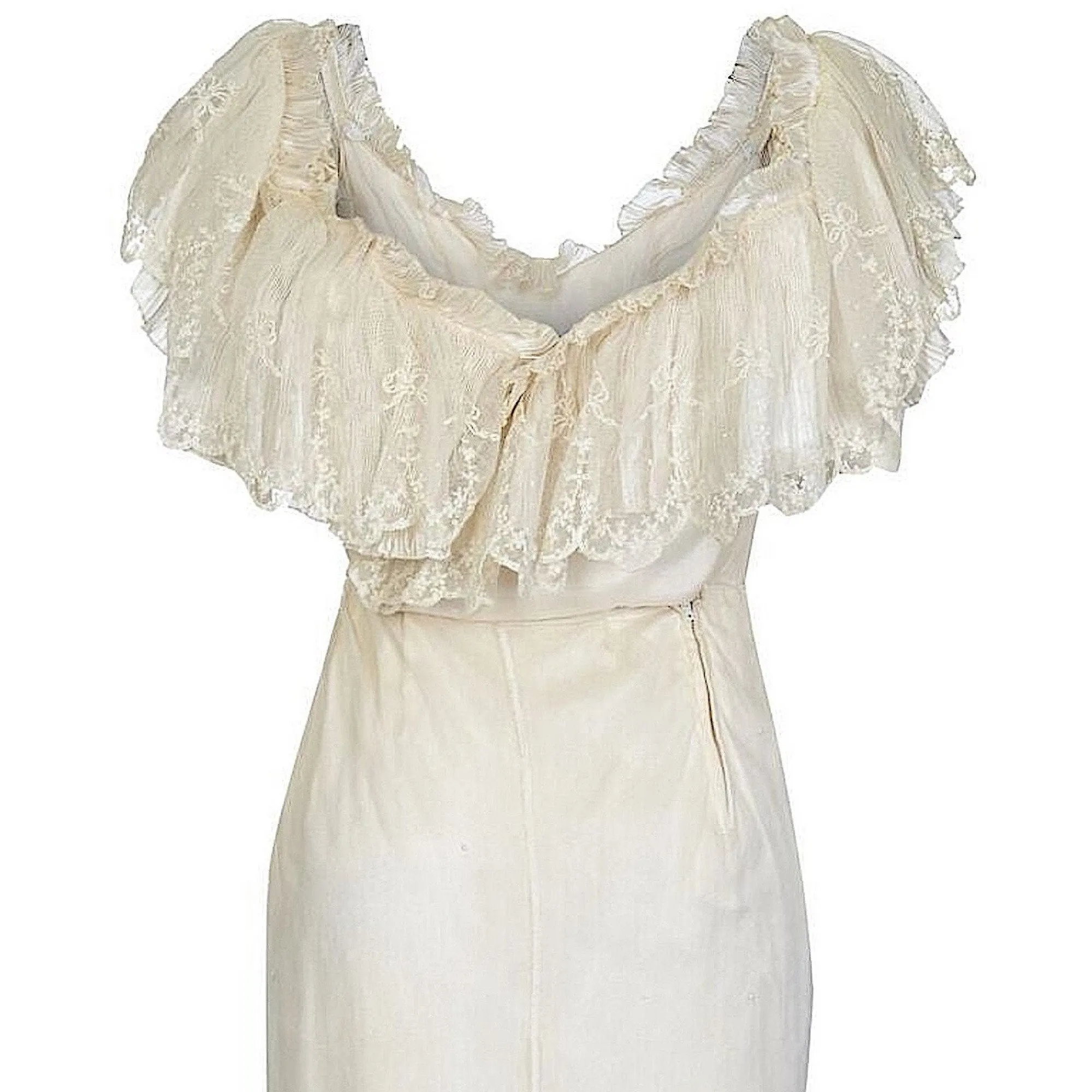 Andrea Wilkin 1970s Silk Ivory Fantasy Bridal Dress in Edwardian Style