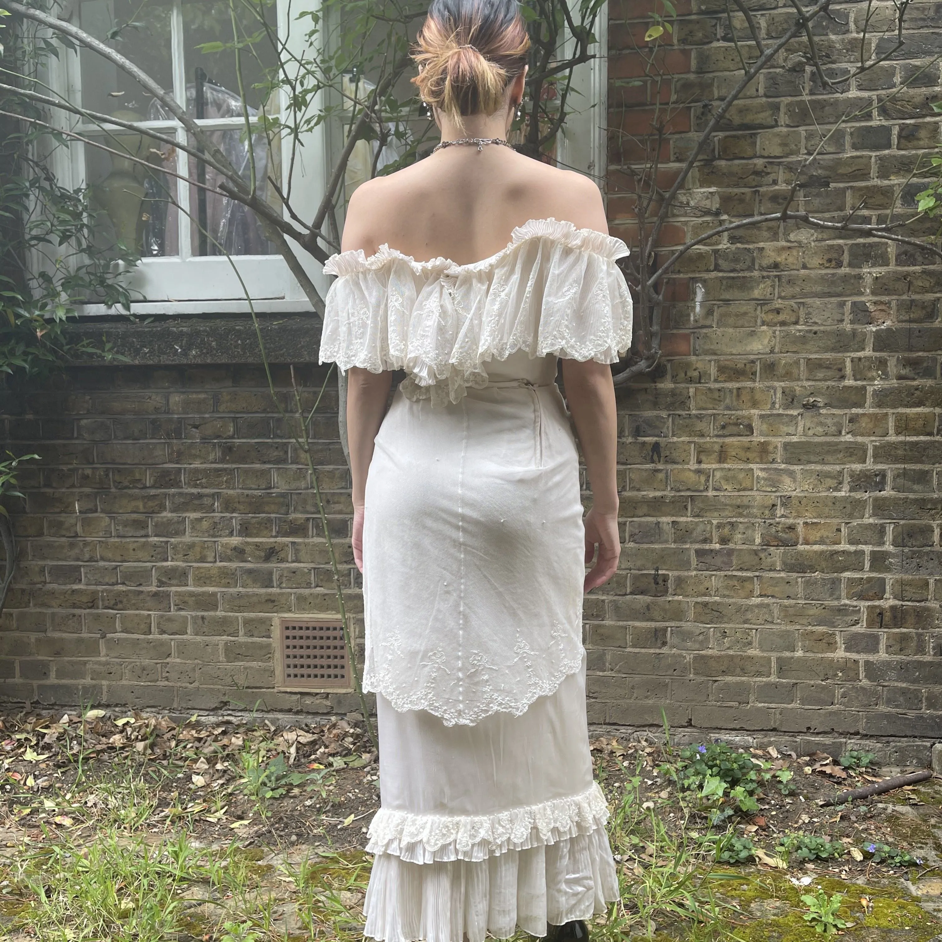 Andrea Wilkin 1970s Silk Ivory Fantasy Bridal Dress in Edwardian Style
