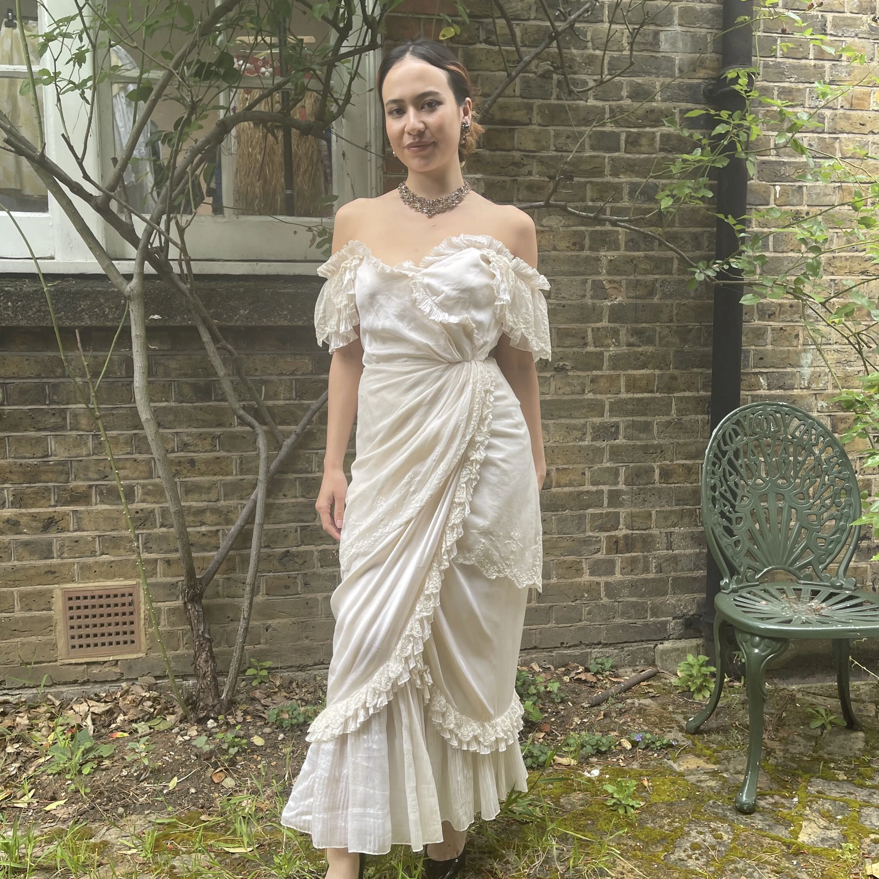 Andrea Wilkin 1970s Silk Ivory Fantasy Bridal Dress in Edwardian Style