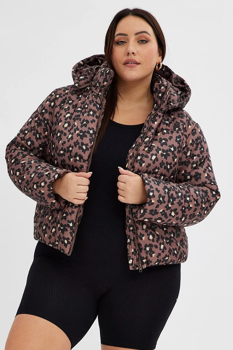 Brown Animal Print Puffer Jacket Long Sleeve Leopard