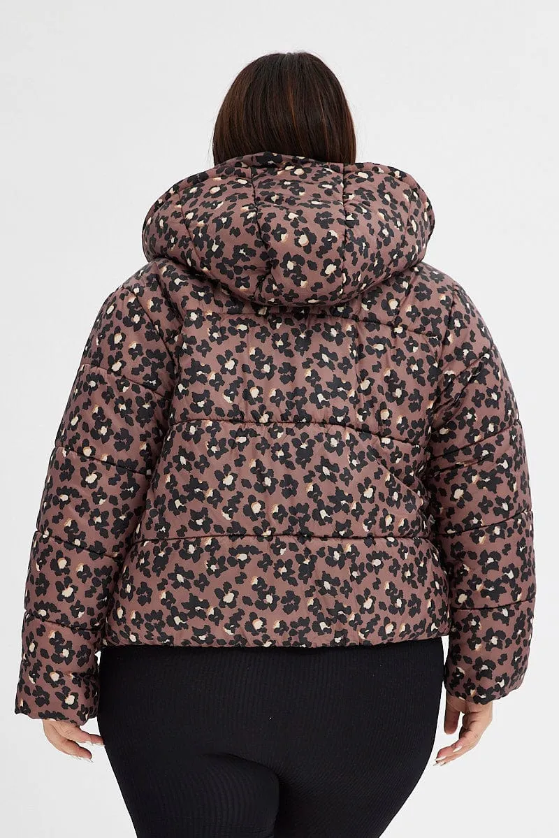 Brown Animal Print Puffer Jacket Long Sleeve Leopard