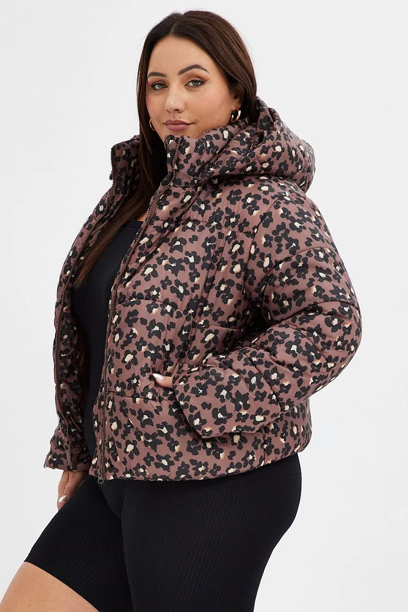 Brown Animal Print Puffer Jacket Long Sleeve Leopard