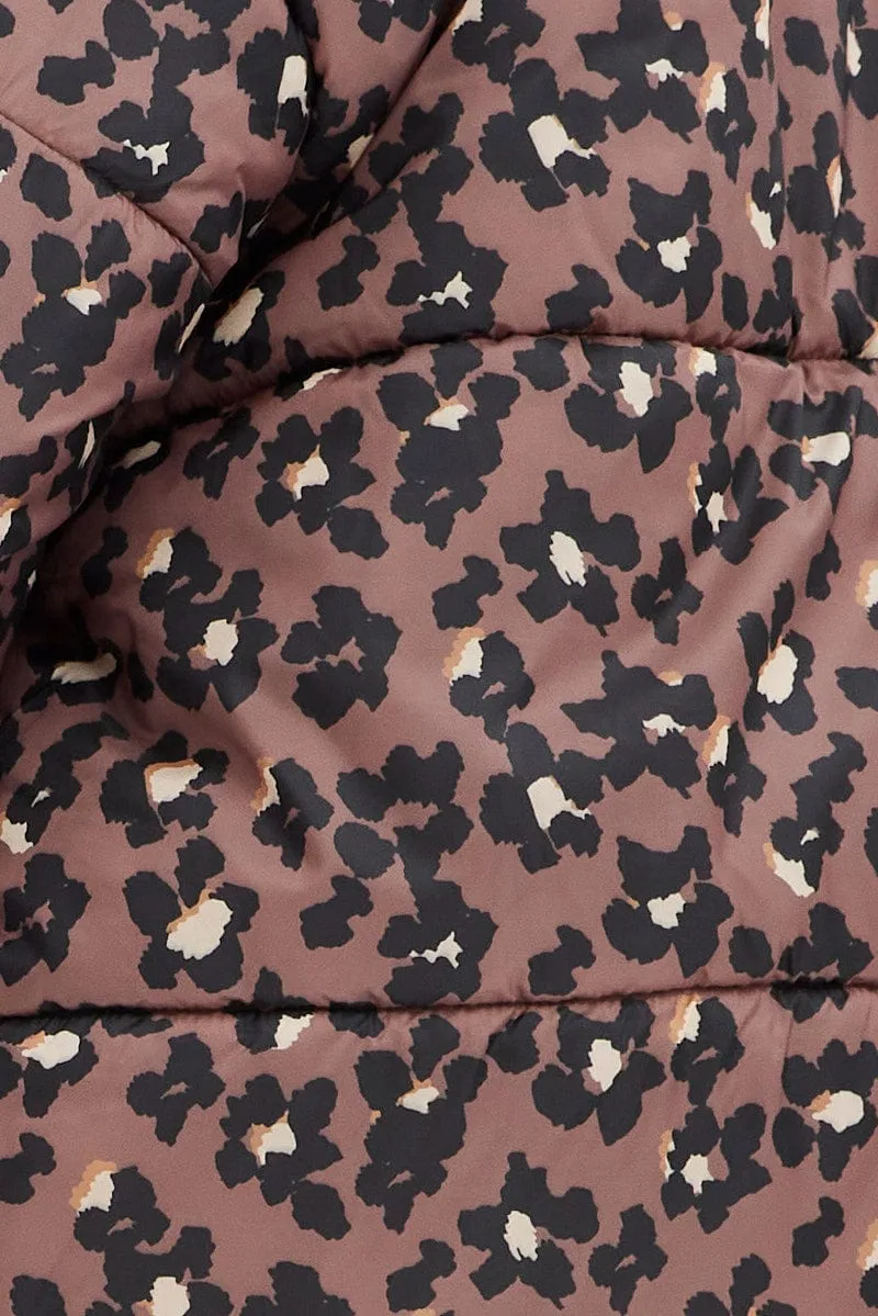 Brown Animal Print Puffer Jacket Long Sleeve Leopard