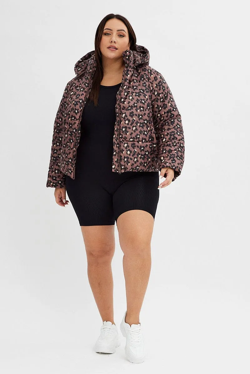 Brown Animal Print Puffer Jacket Long Sleeve Leopard