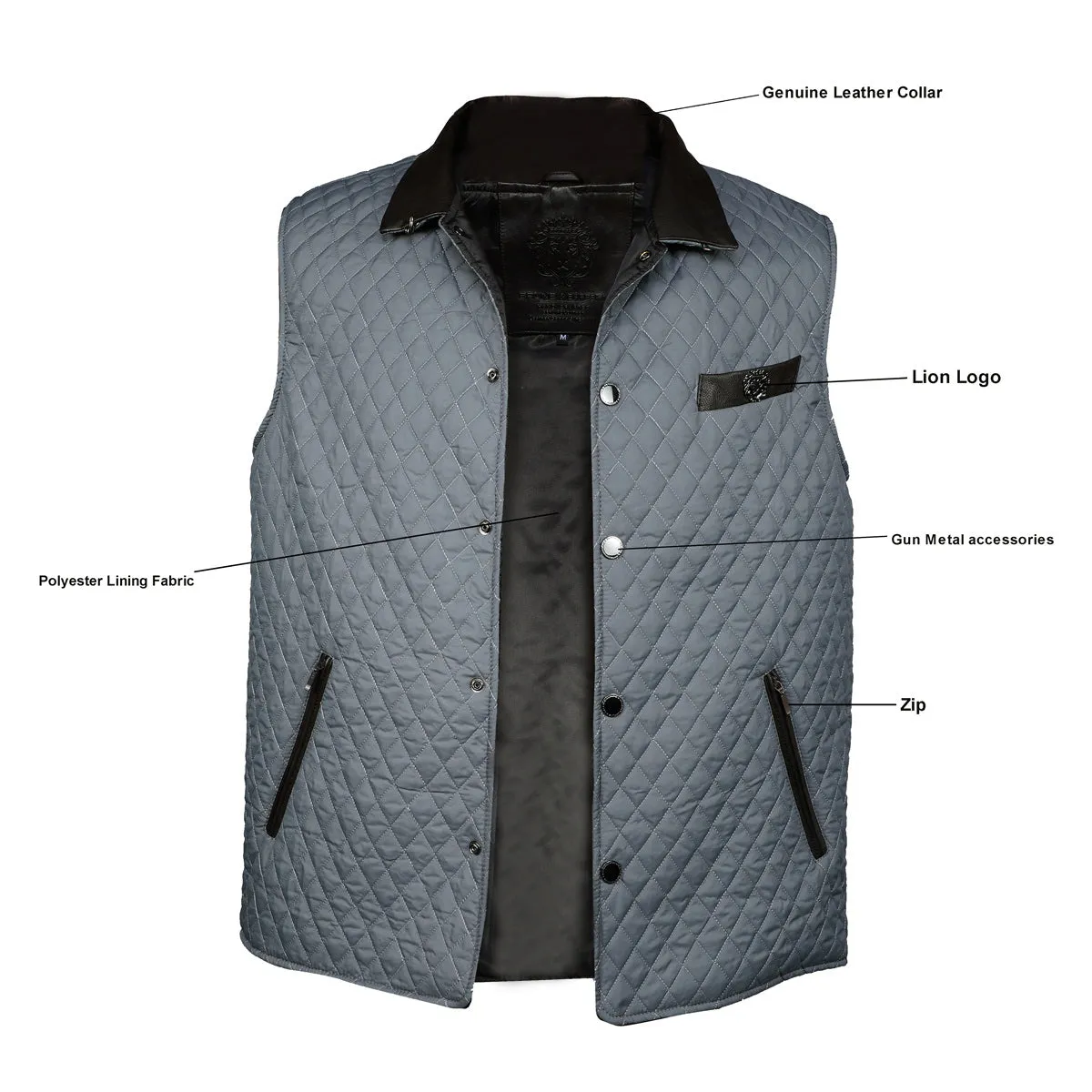 Diamond Stitched Grey vest with Black Leather Trim