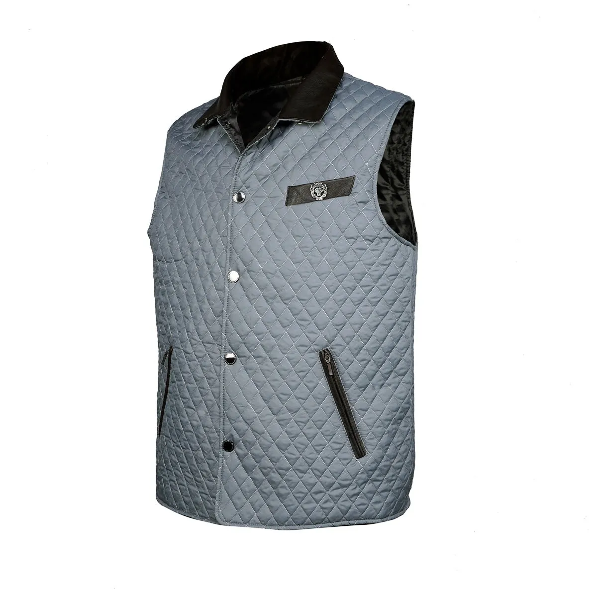 Diamond Stitched Grey vest with Black Leather Trim