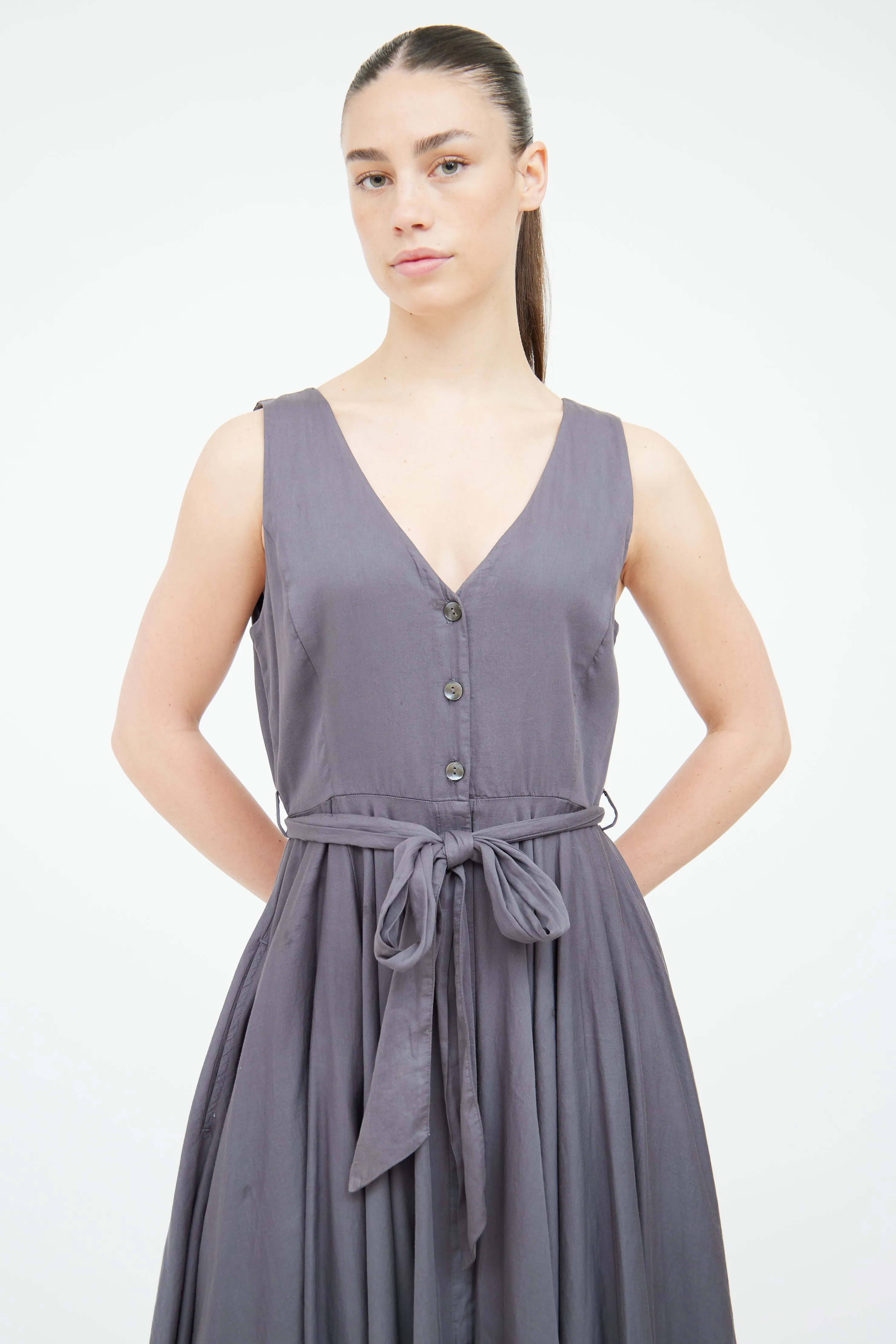 Grey Cotton Button Front Dress