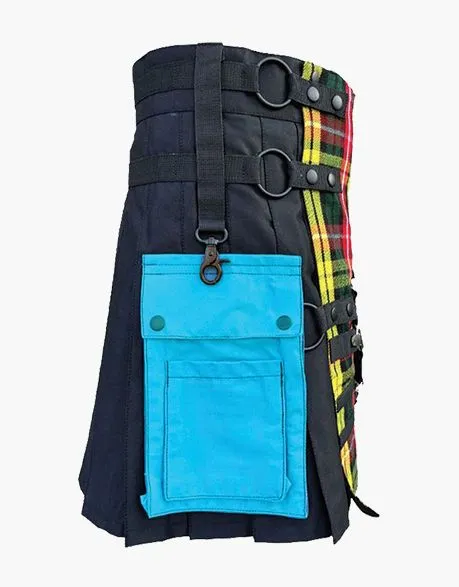 HYBRID KILT IN BLACK AND BUCHANAN WITH LIGHT BLUE POCKETS