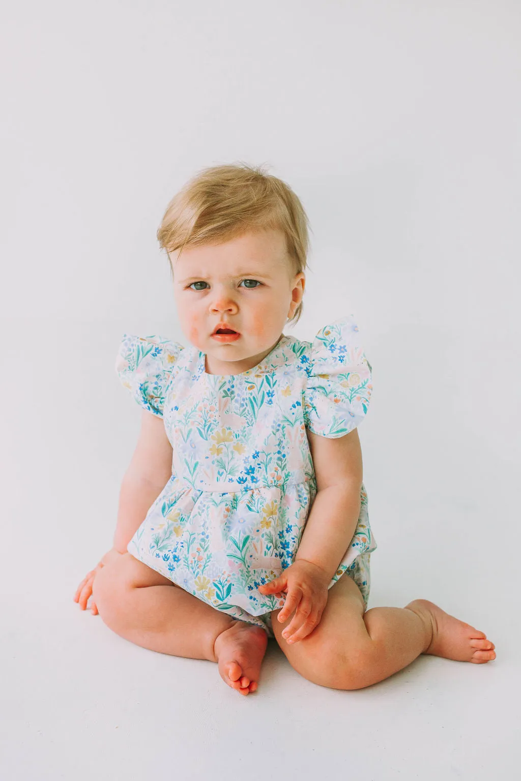 Infant Girl's Pink and Blue Pastel Bunny Print Easter Bubble Romper