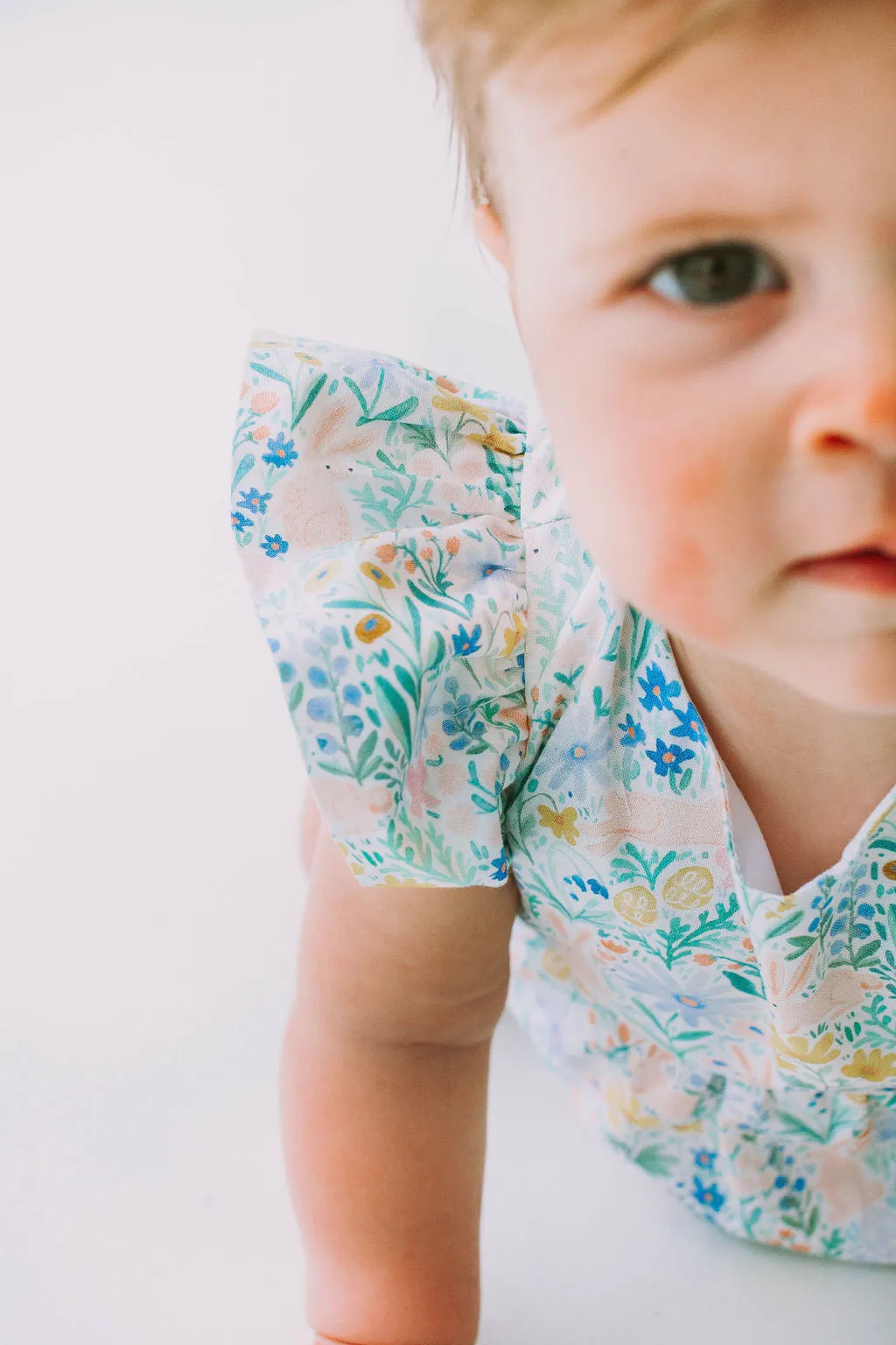 Infant Girl's Pink and Blue Pastel Bunny Print Easter Bubble Romper