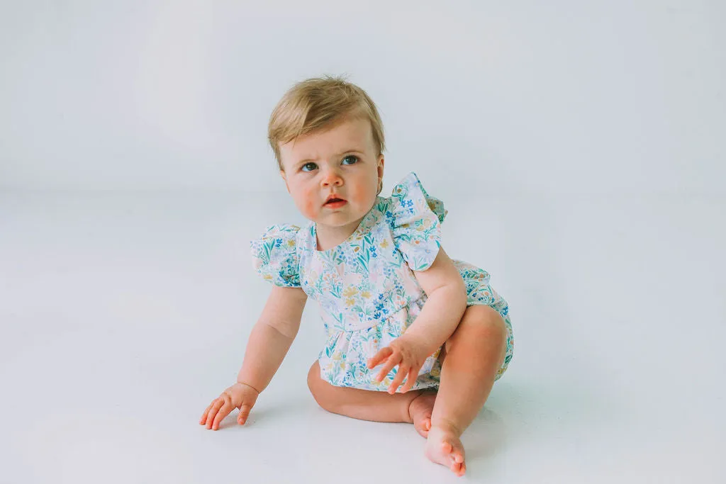 Infant Girl's Pink and Blue Pastel Bunny Print Easter Bubble Romper