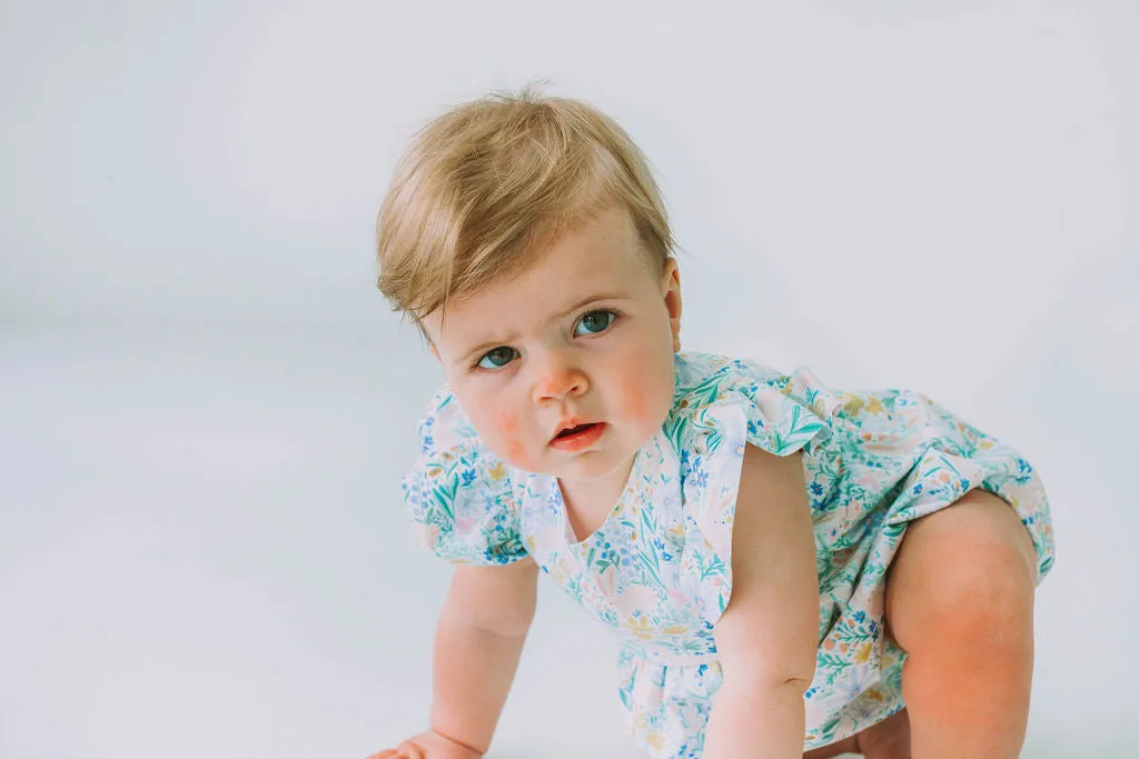 Infant Girl's Pink and Blue Pastel Bunny Print Easter Bubble Romper