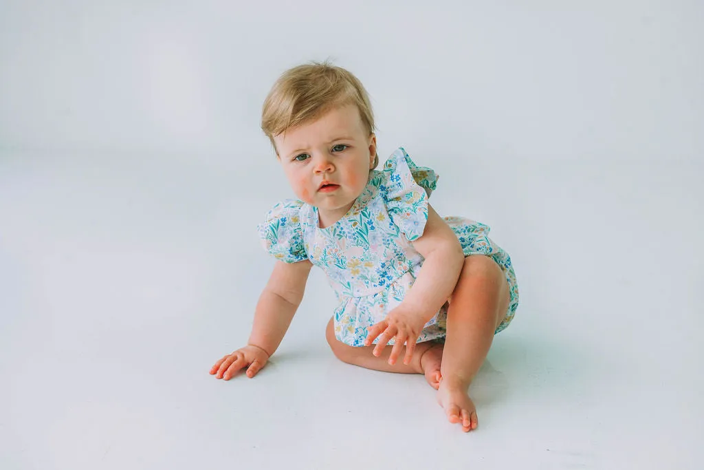 Infant Girl's Pink and Blue Pastel Bunny Print Easter Bubble Romper