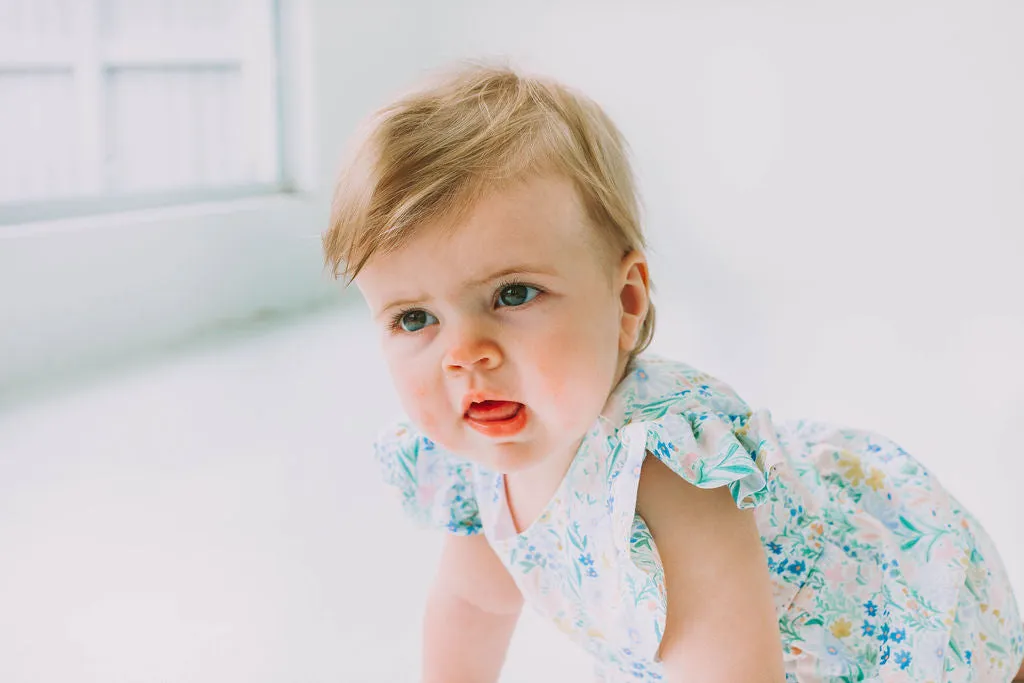 Infant Girl's Pink and Blue Pastel Bunny Print Easter Bubble Romper