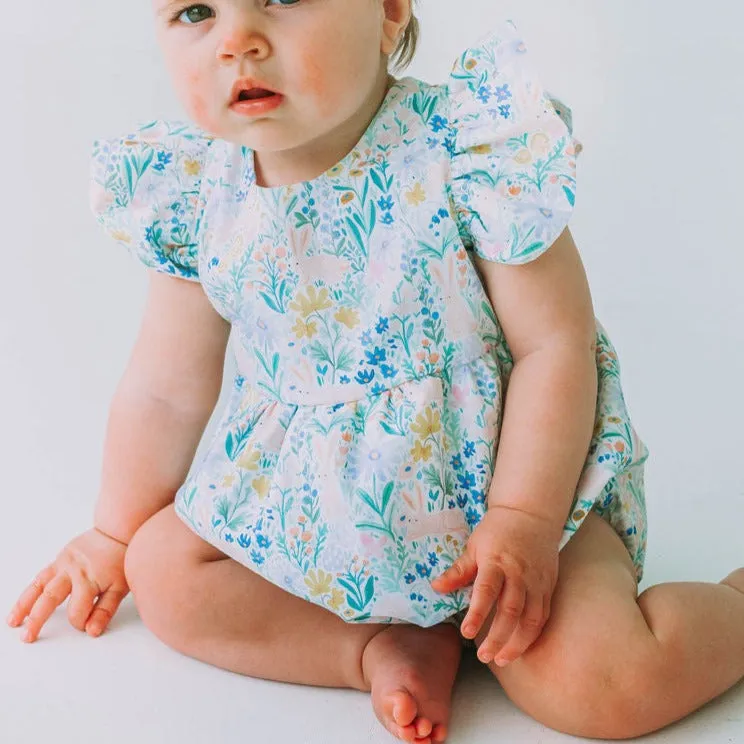 Infant Girl's Pink and Blue Pastel Bunny Print Easter Bubble Romper