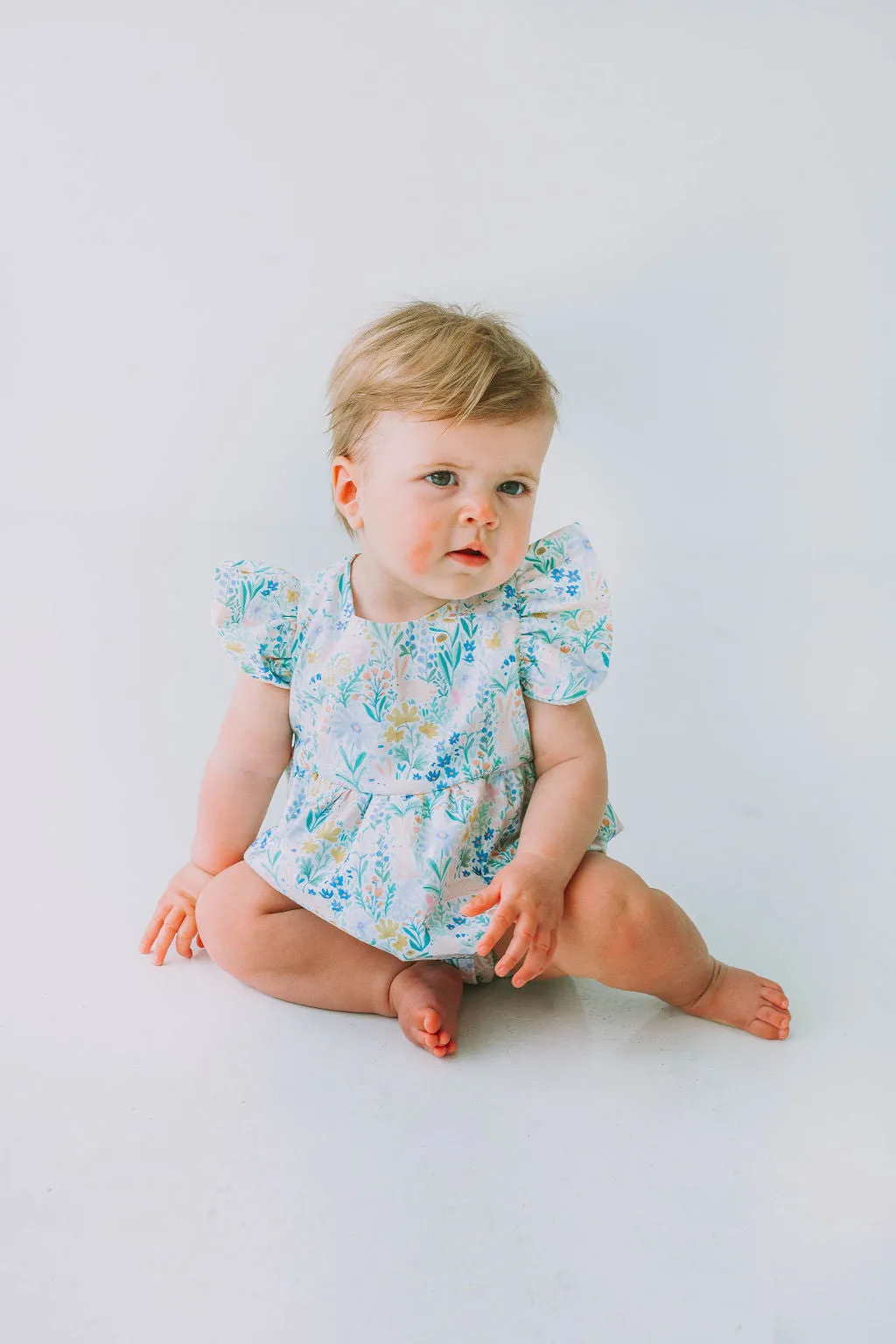 Infant Girl's Pink and Blue Pastel Bunny Print Easter Bubble Romper