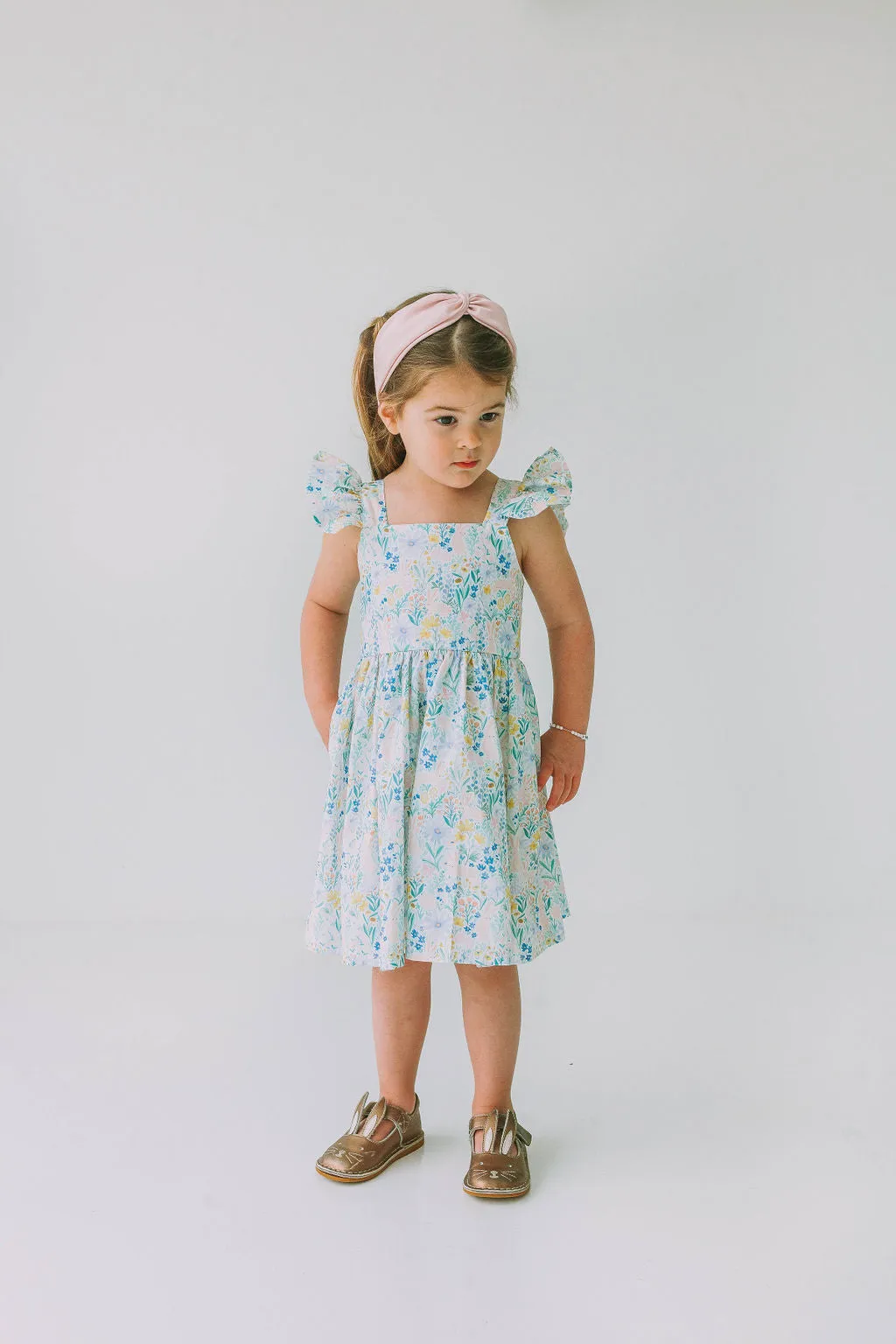 Little Girl's Pink and Blue Pastel Bunny Print Easter Dress