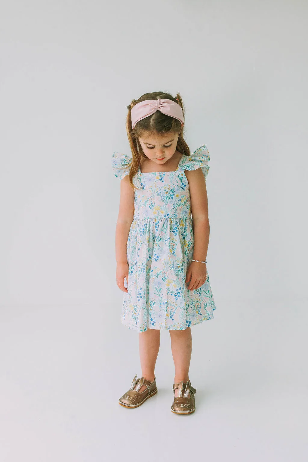 Little Girl's Pink and Blue Pastel Bunny Print Easter Dress