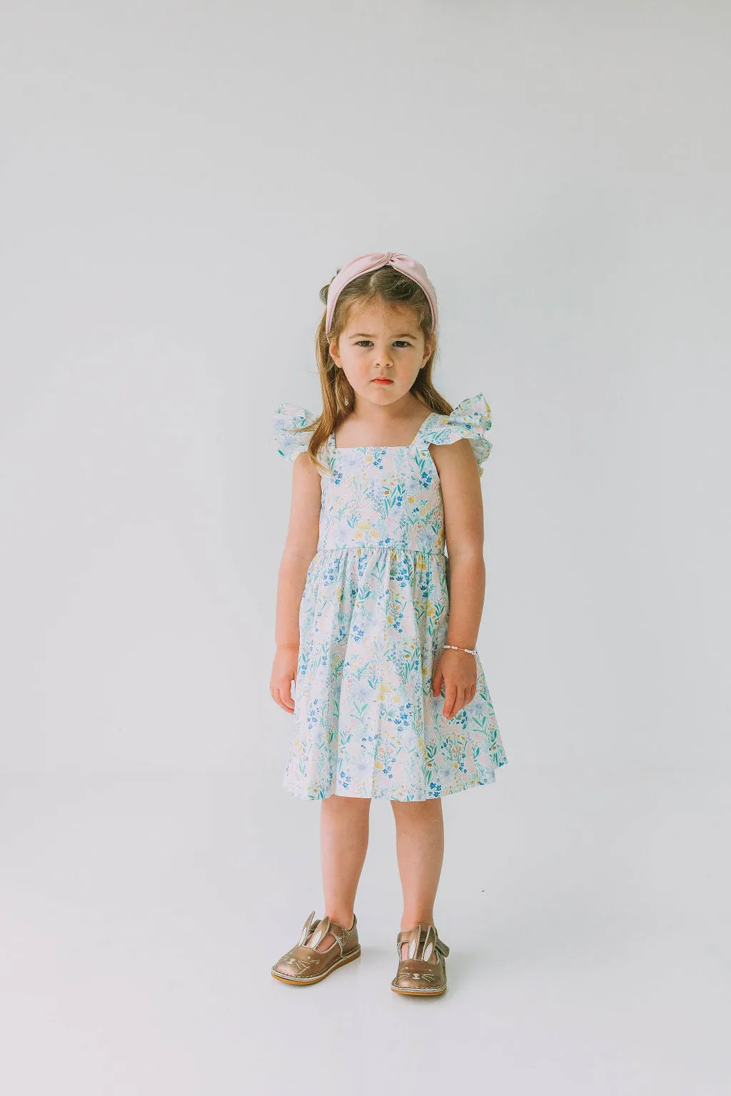Little Girl's Pink and Blue Pastel Bunny Print Easter Dress