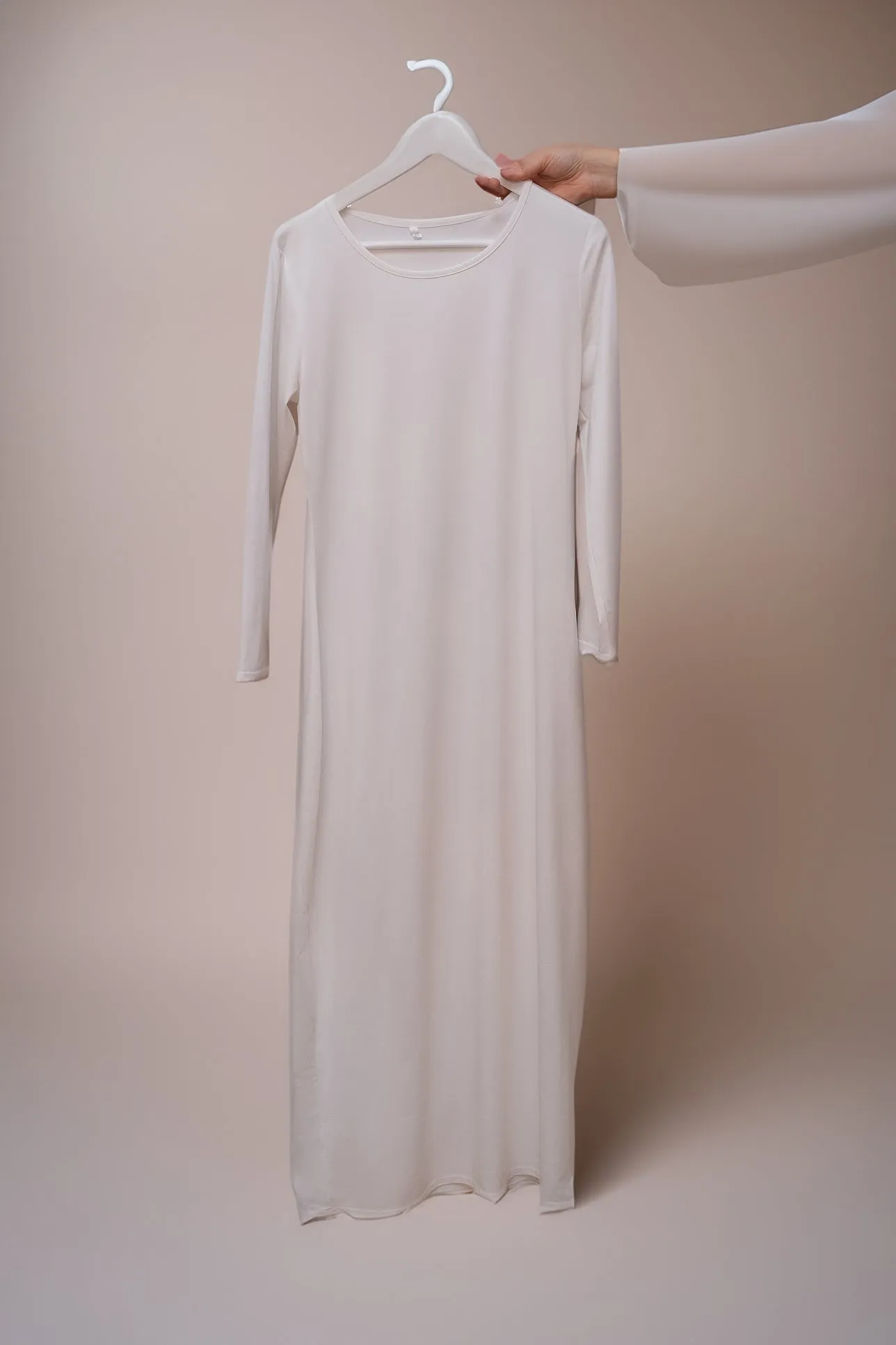 Marquis slip dress maxi length and long sleeve in white
