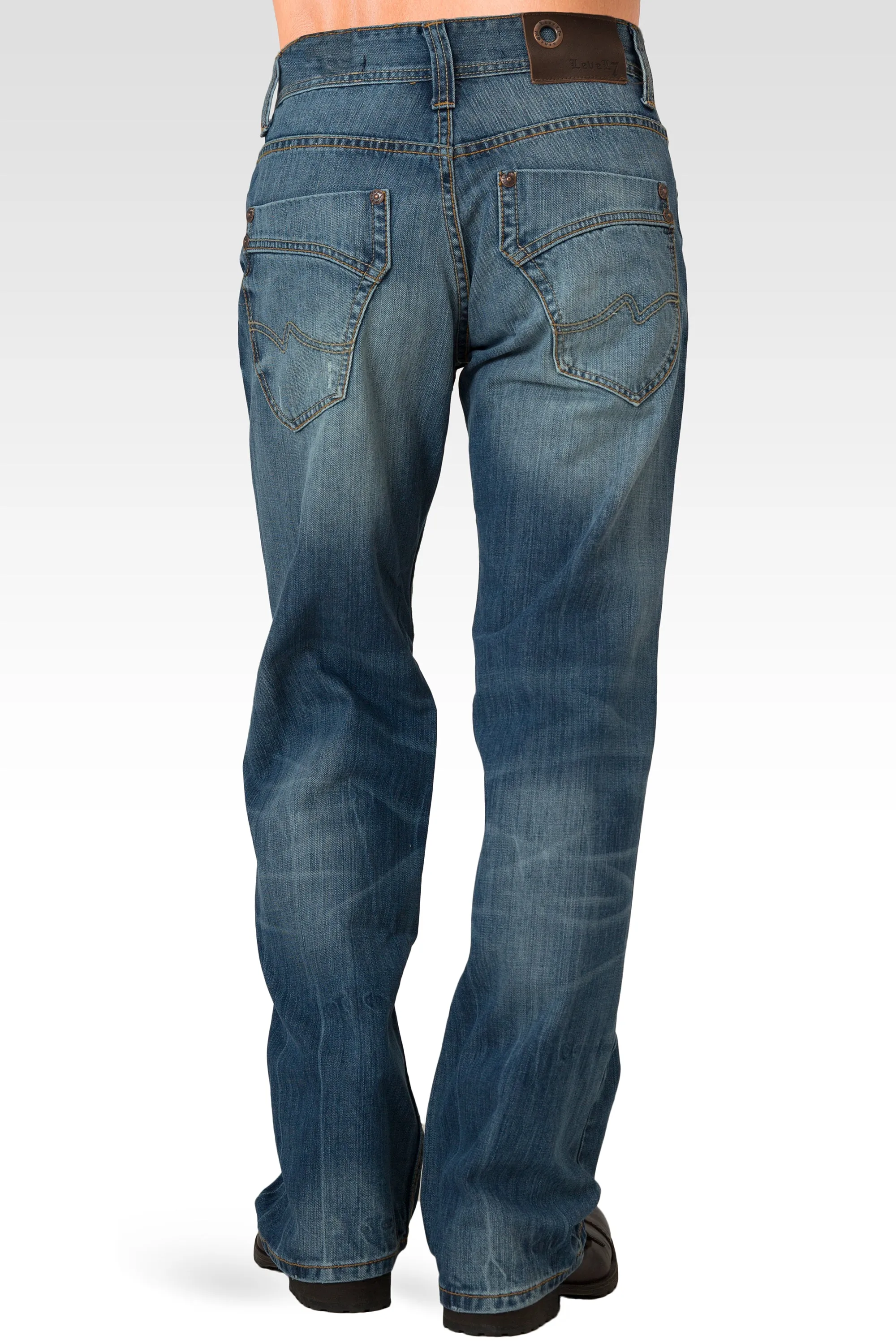 Midrise Relaxed Bootcut Medium Blue Premium Denim 5 pocket Jeans with Vintage Wash Whiskering