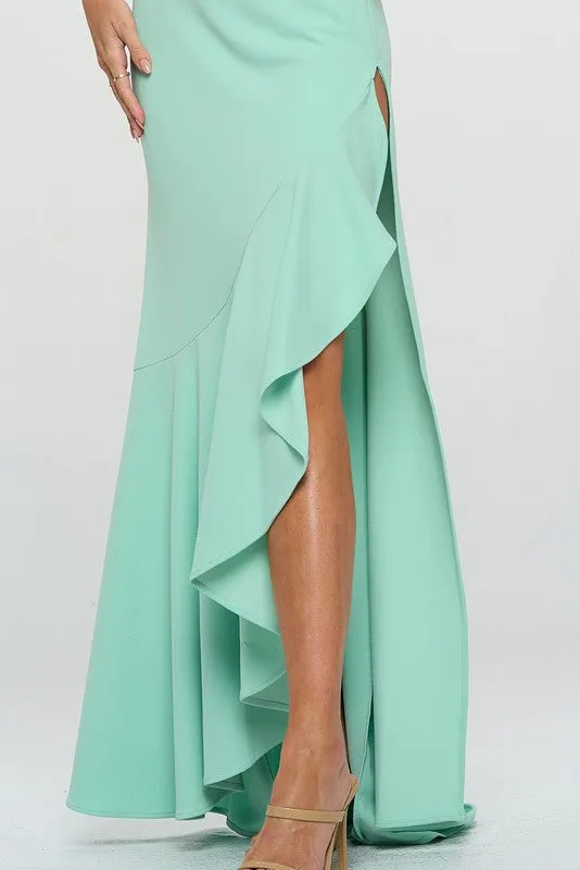 Mint Strapless High Slit Ruffle Long Formal Dress