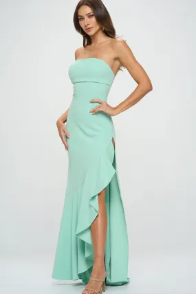 Mint Strapless High Slit Ruffle Long Formal Dress
