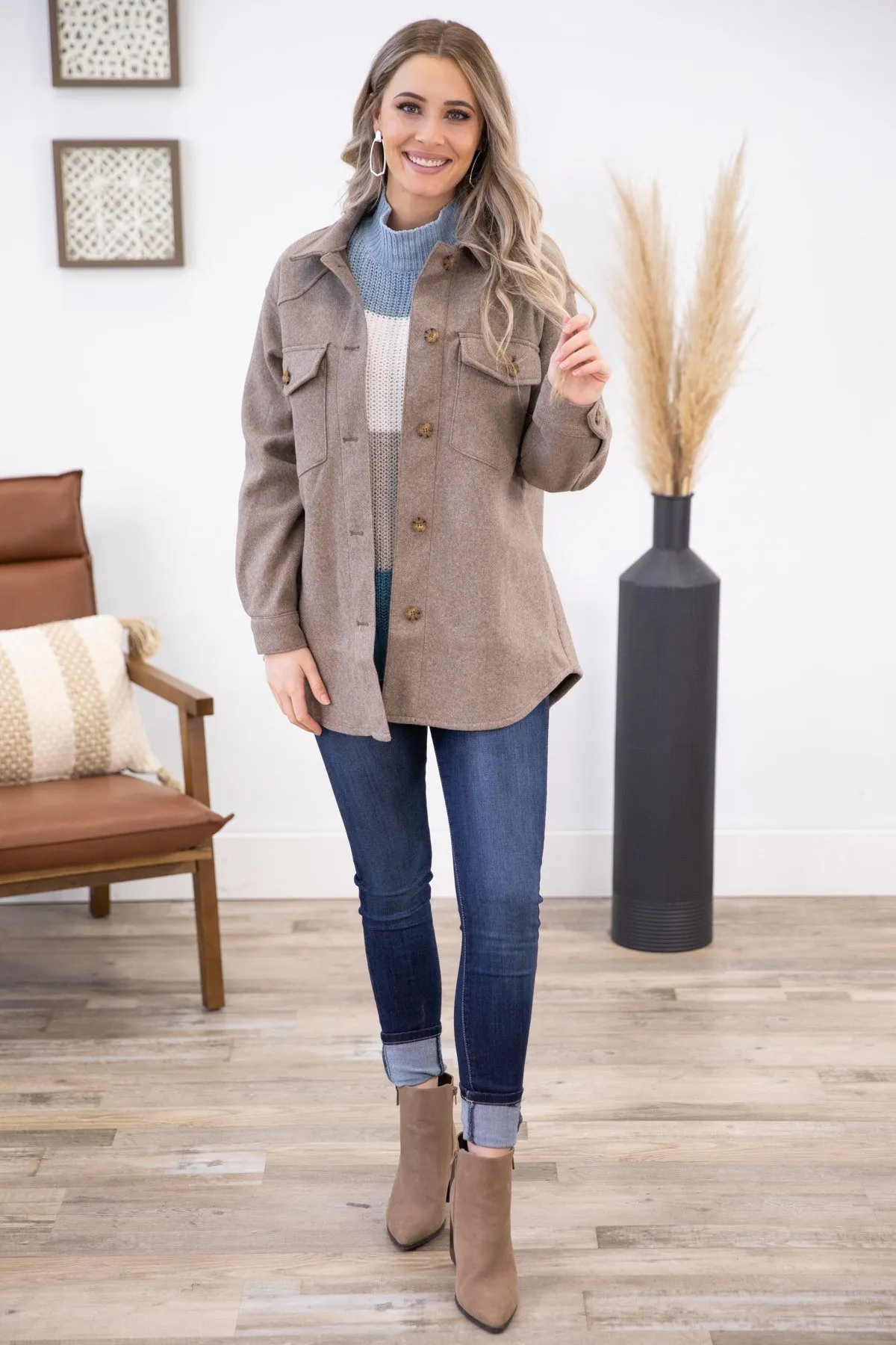Mocha Heathered Shacket with Pockets