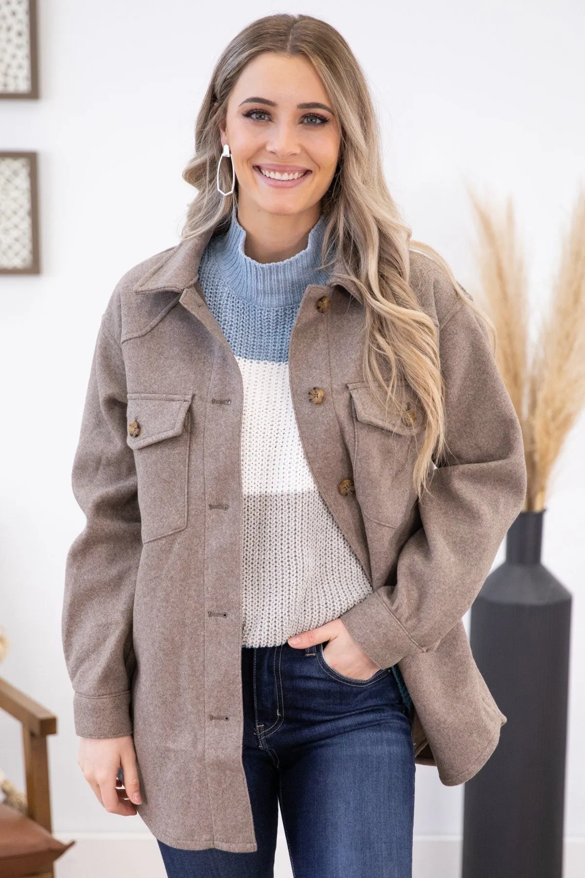 Mocha Heathered Shacket with Pockets