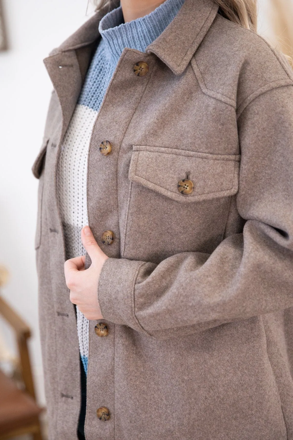 Mocha Heathered Shacket with Pockets