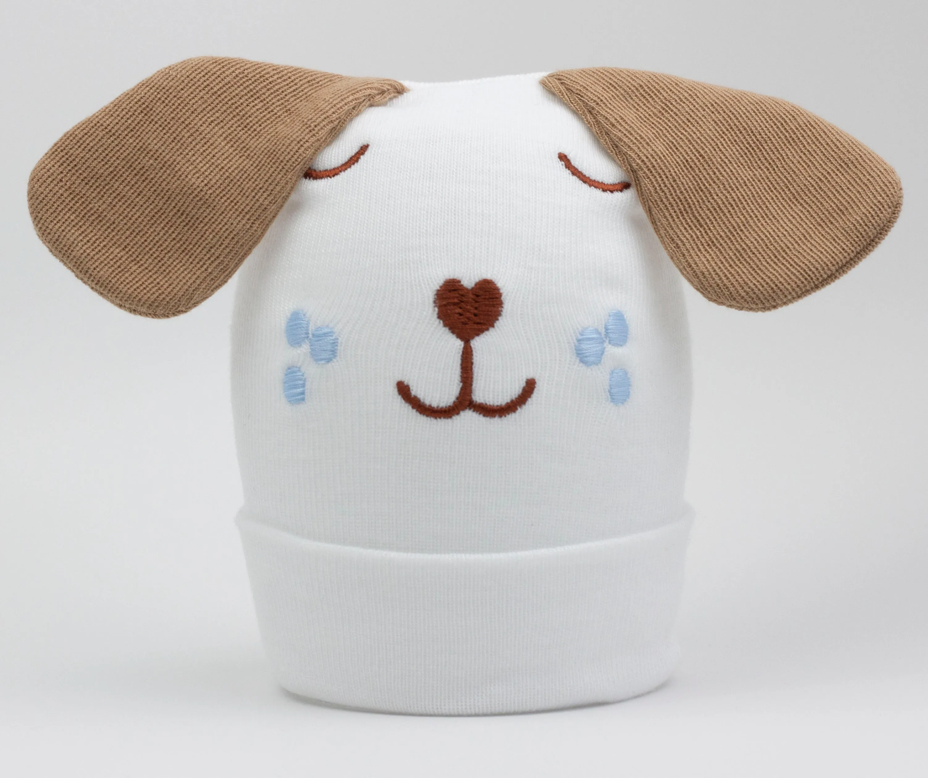 Newborn Baby Puppy Dog Face Hospital Beanie Hat with Doggy Ears, Newborn Hat Infant Hat, Gender Neutral, White