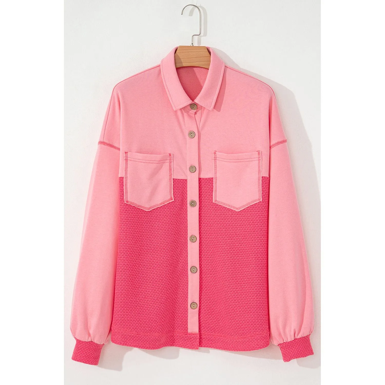 Peaches and Cream Contrast Waffle Knit Button Up Shacket