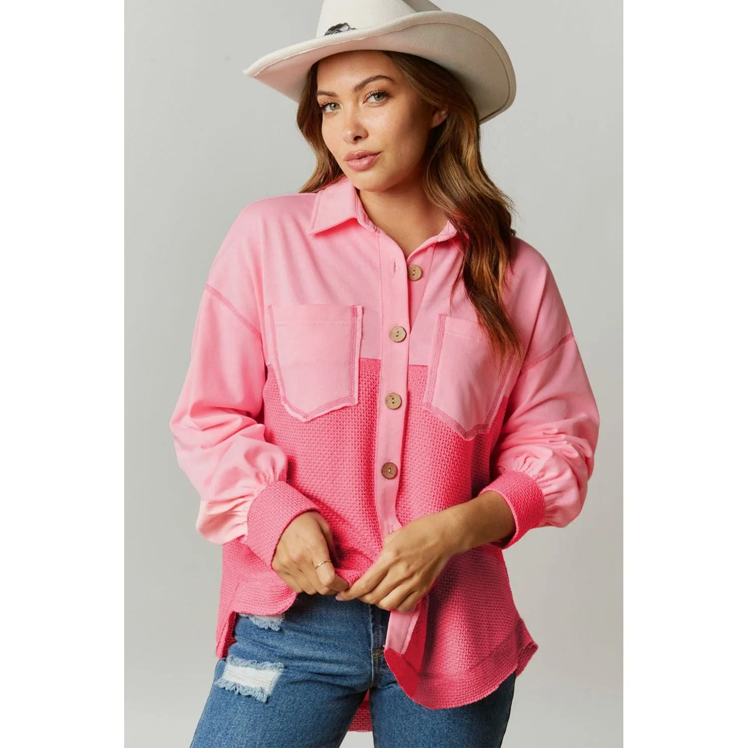 Peaches and Cream Contrast Waffle Knit Button Up Shacket