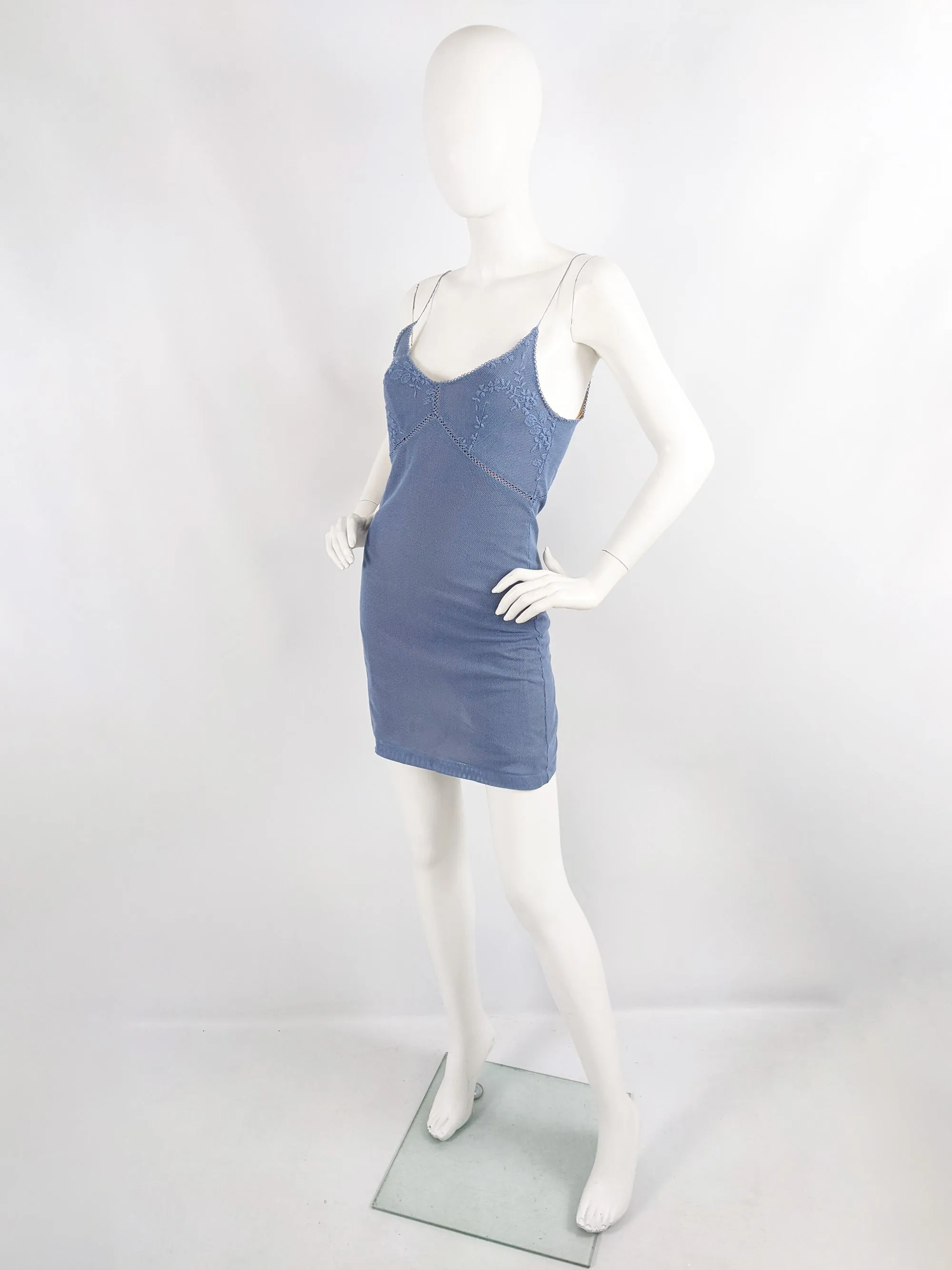 Plein Sud Vintage Blue y2k Embroidered Bust Mesh Dress, 1990s