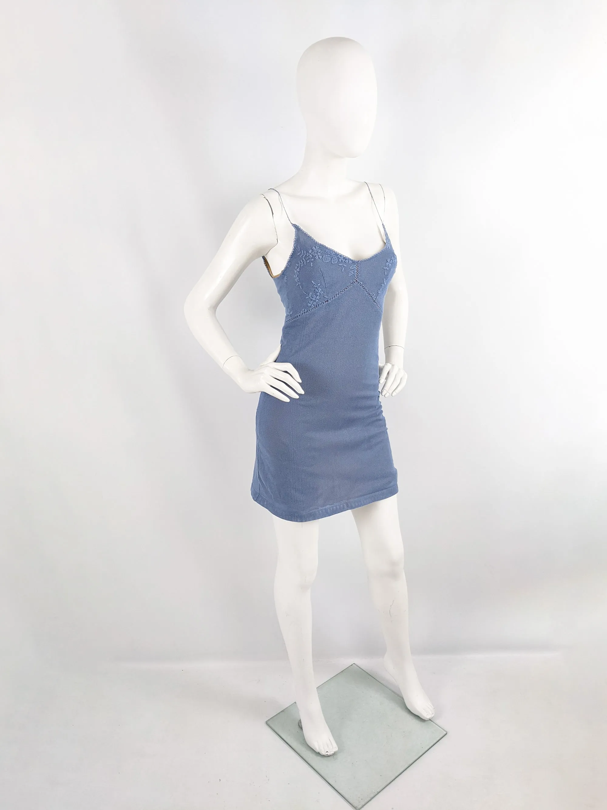 Plein Sud Vintage Blue y2k Embroidered Bust Mesh Dress, 1990s