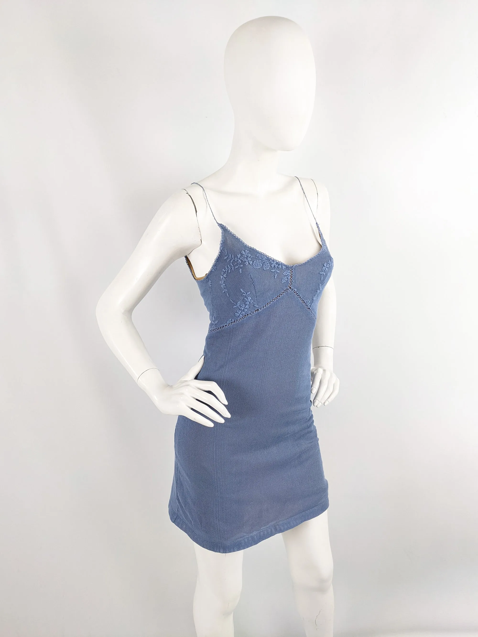 Plein Sud Vintage Blue y2k Embroidered Bust Mesh Dress, 1990s