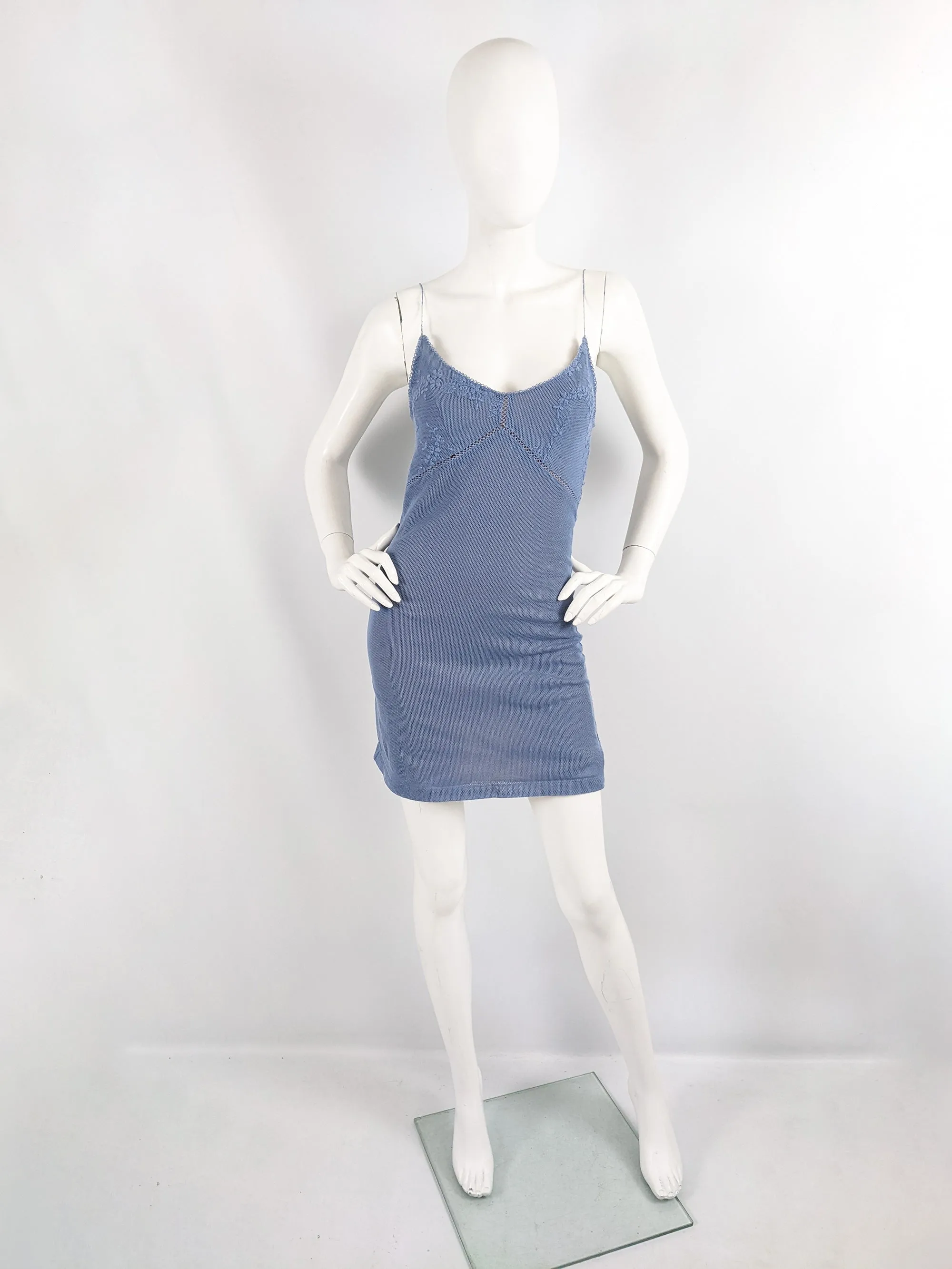 Plein Sud Vintage Blue y2k Embroidered Bust Mesh Dress, 1990s