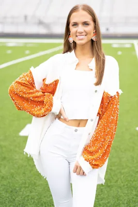 SALE! Full Of Spirit White and Orange Sequin Shacket