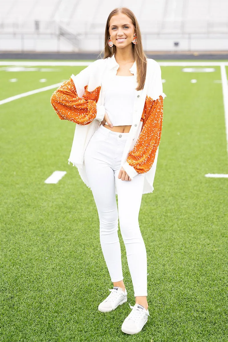 SALE! Full Of Spirit White and Orange Sequin Shacket