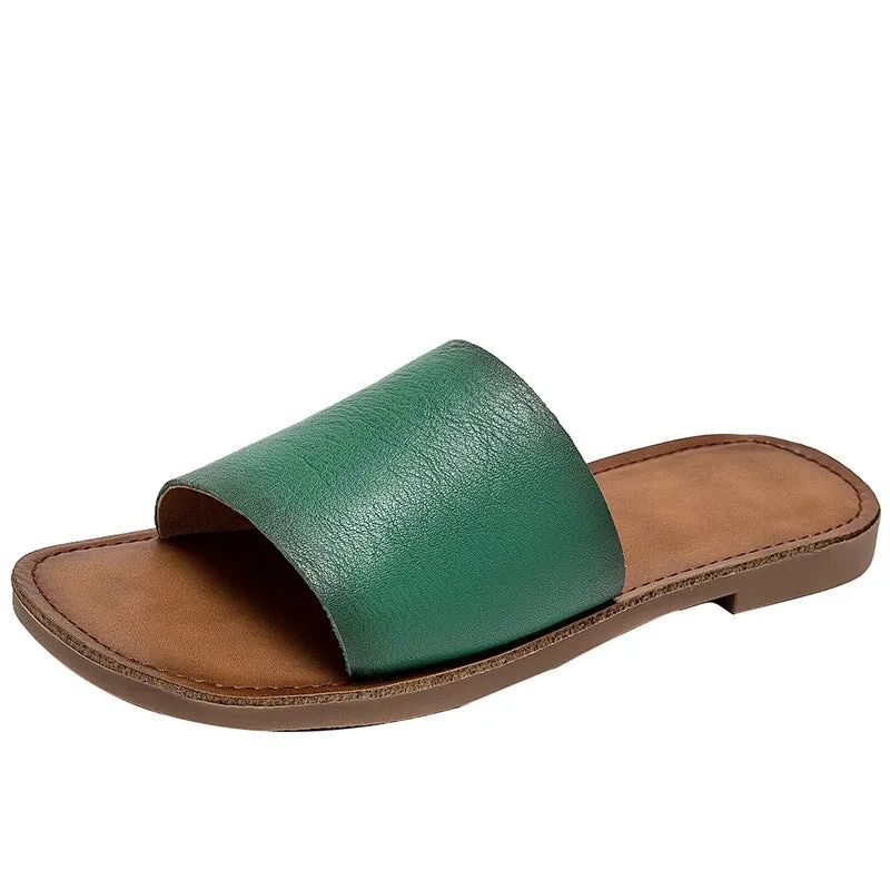 Slip-on Style Leather Slippers for Women Flat in Orange/Green/Beige